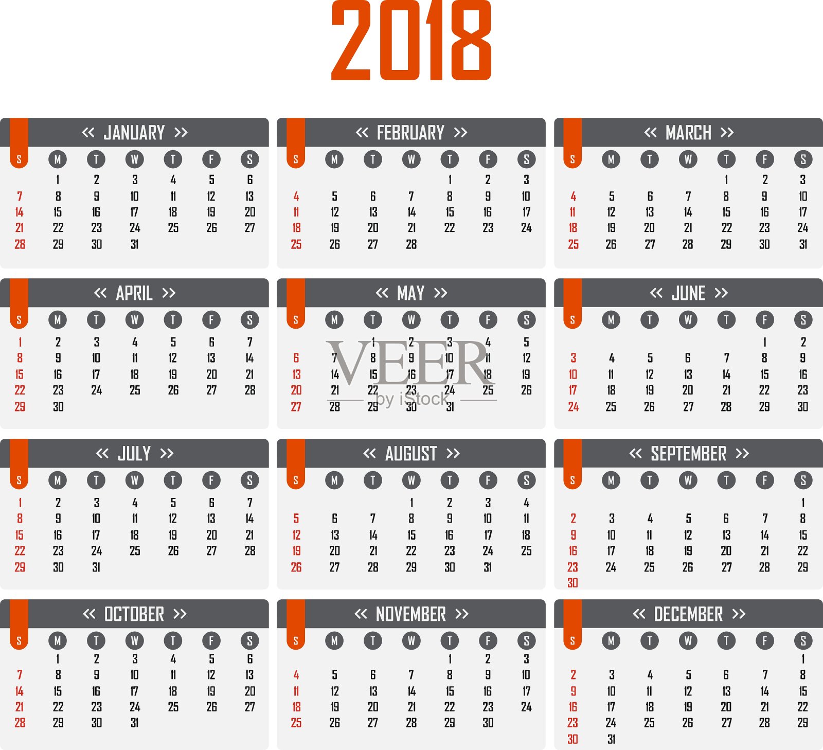 2018周的日历从周日开始设计模板素材