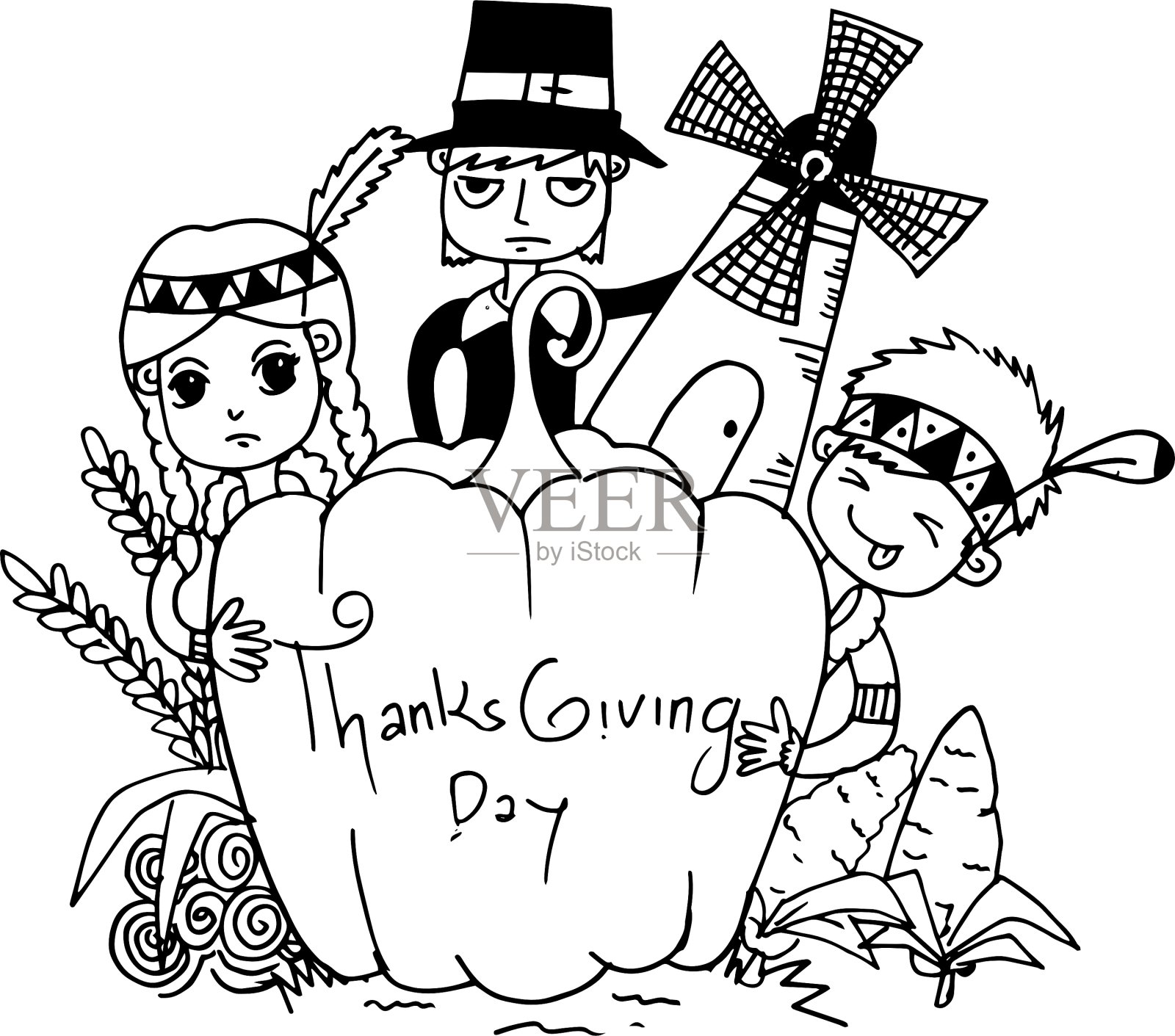 素描涂鸦感恩节图标集设计元素图片