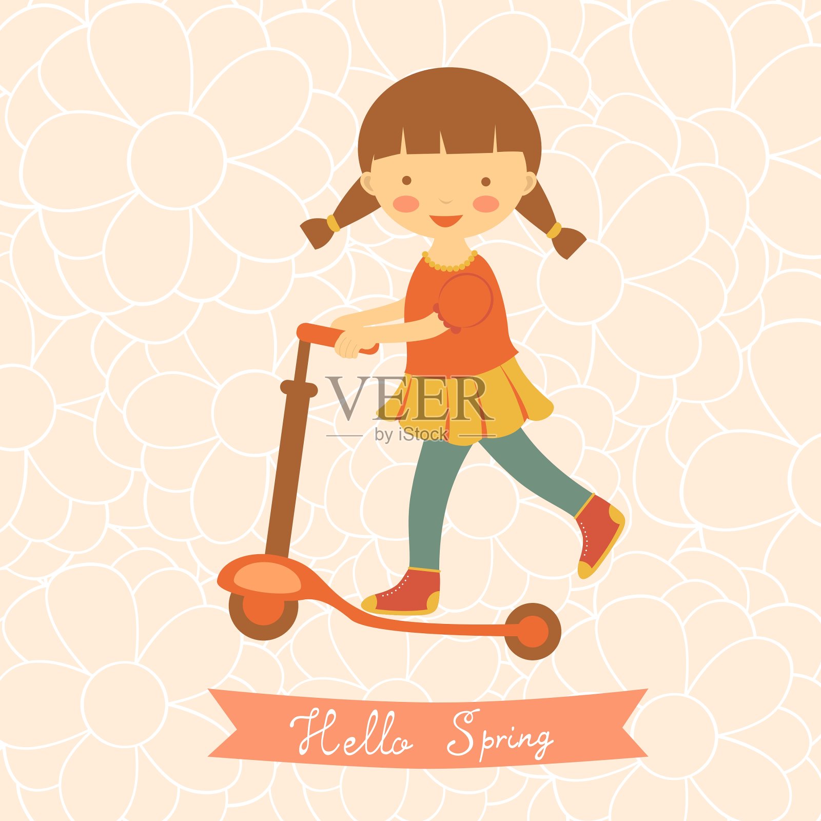 可爱小女孩的春天卡片插画图片素材