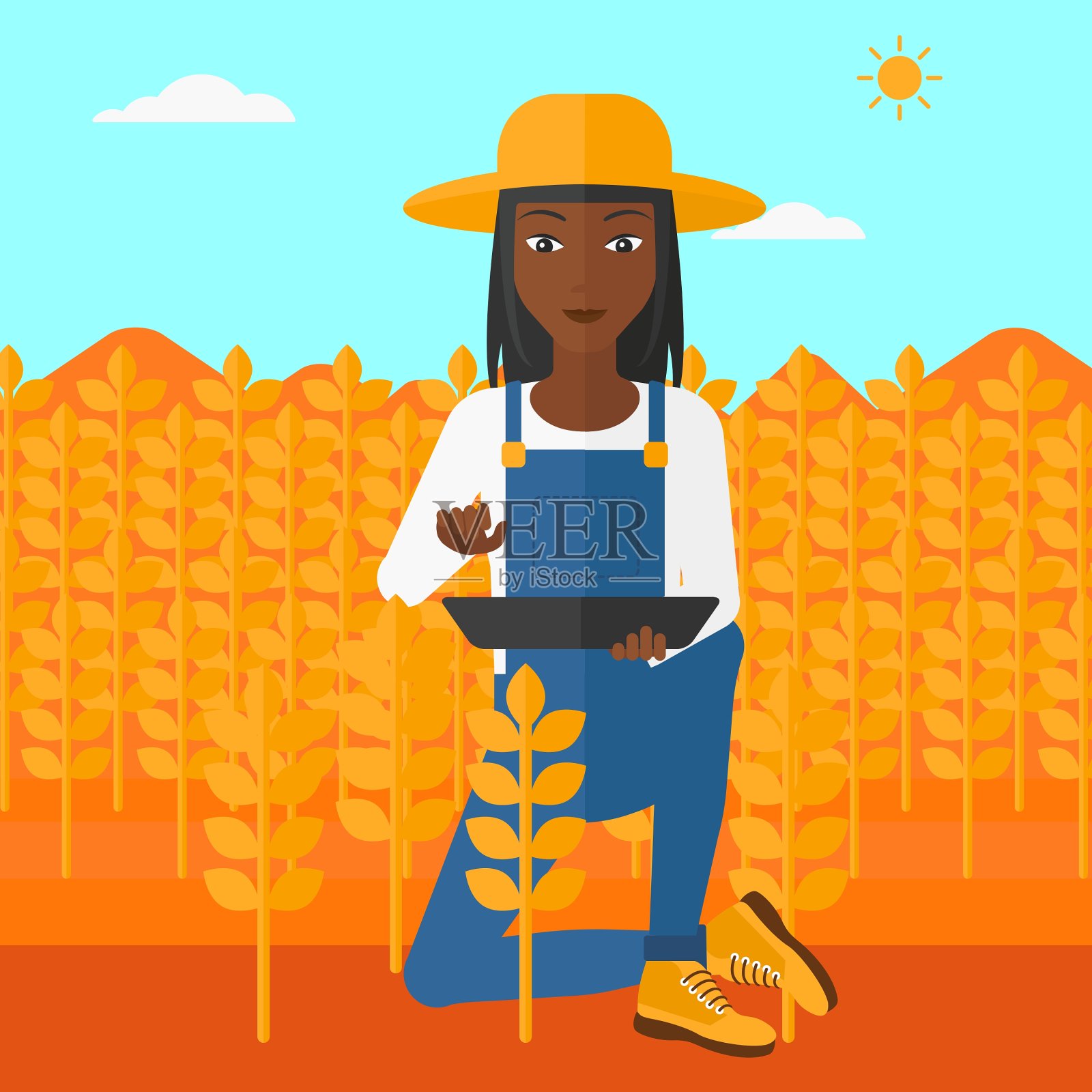 农民在田里用平板电脑插画图片素材