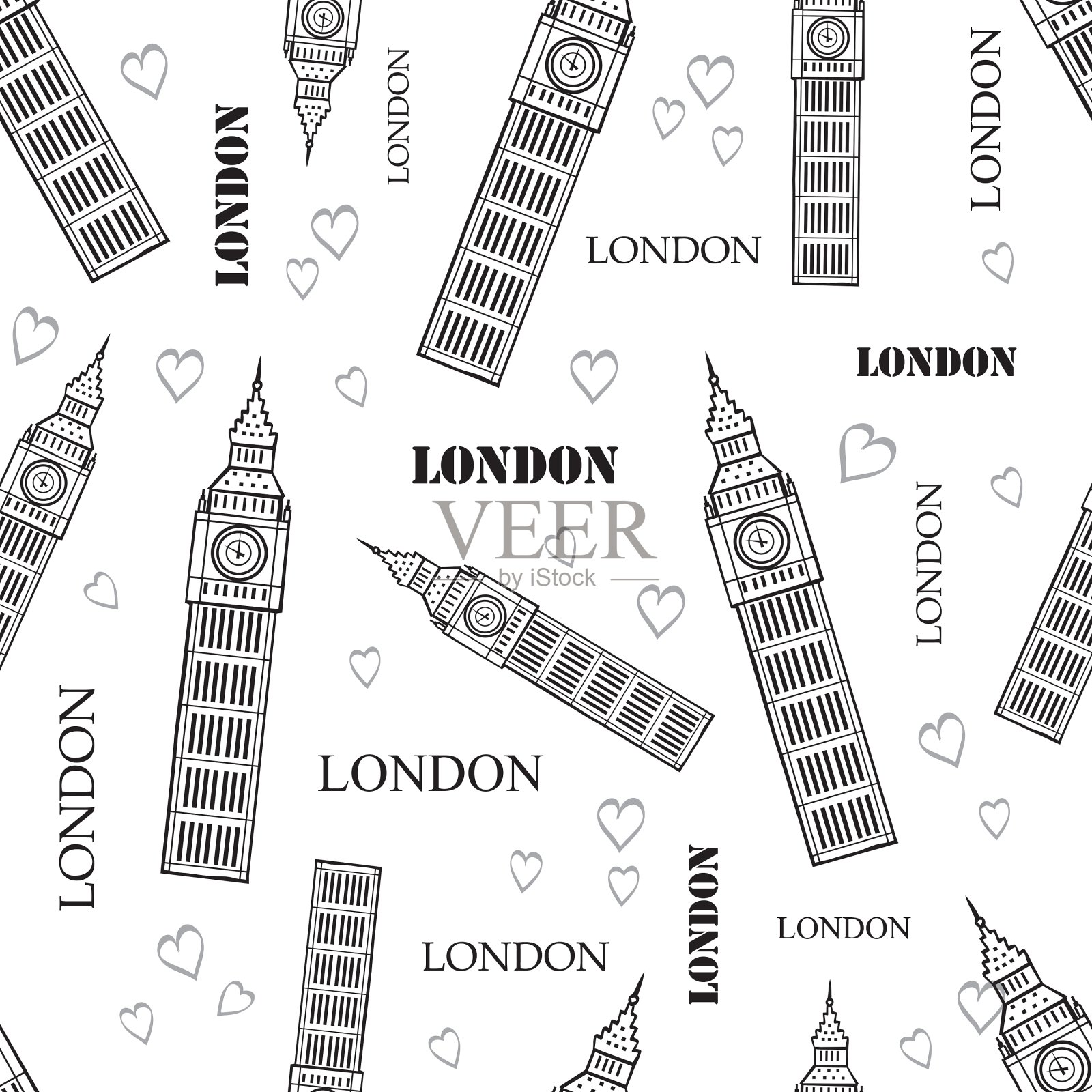 伦敦符号黑白色无缝图案插画图片素材