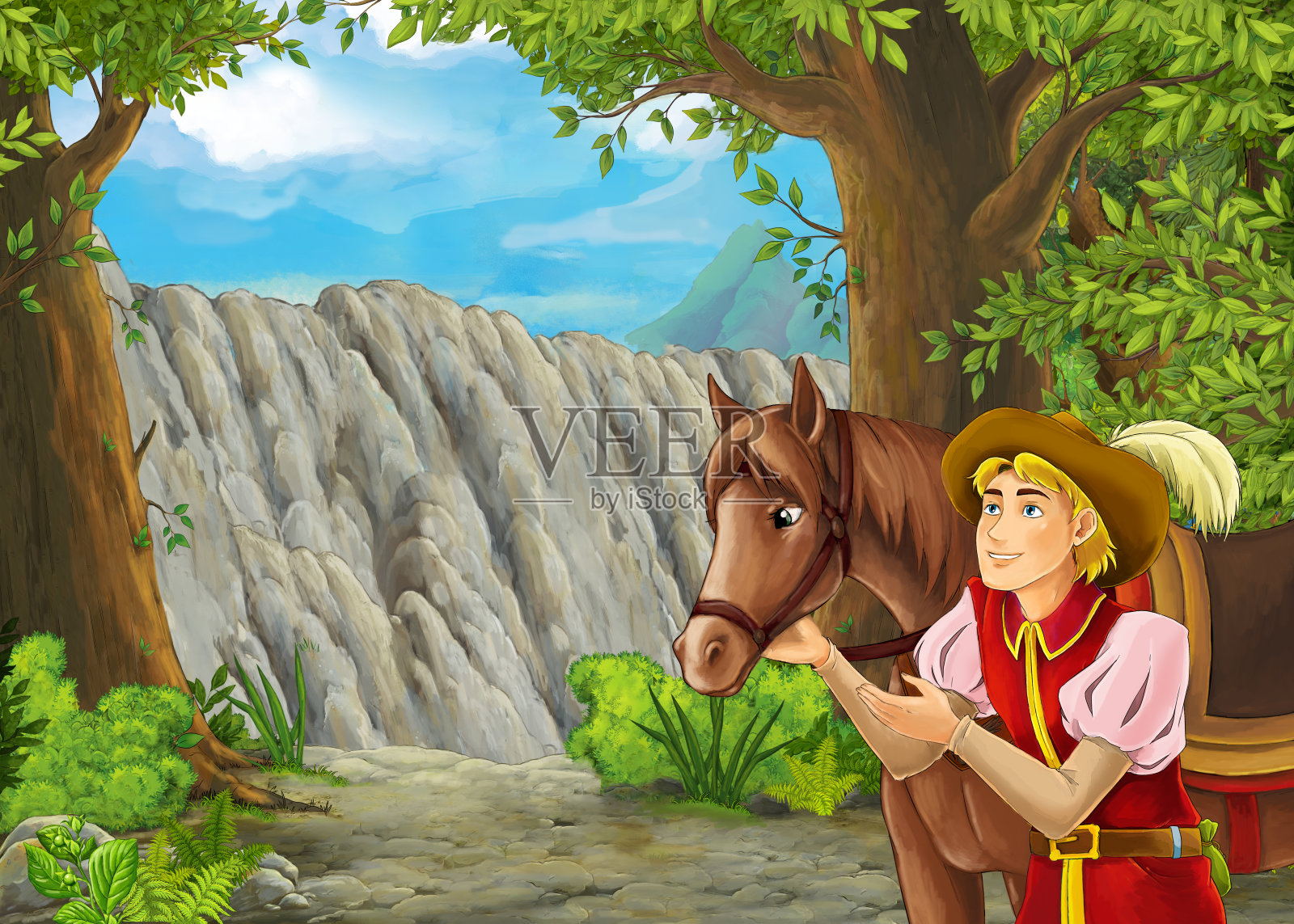 卡通夏季场景与草地在森林插图插画图片素材