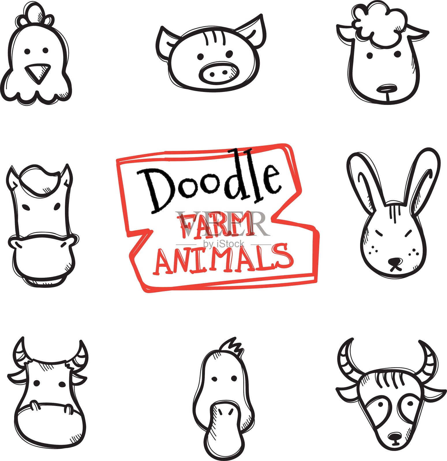 涂鸦风格的农场动物图标设置可爱图标素材