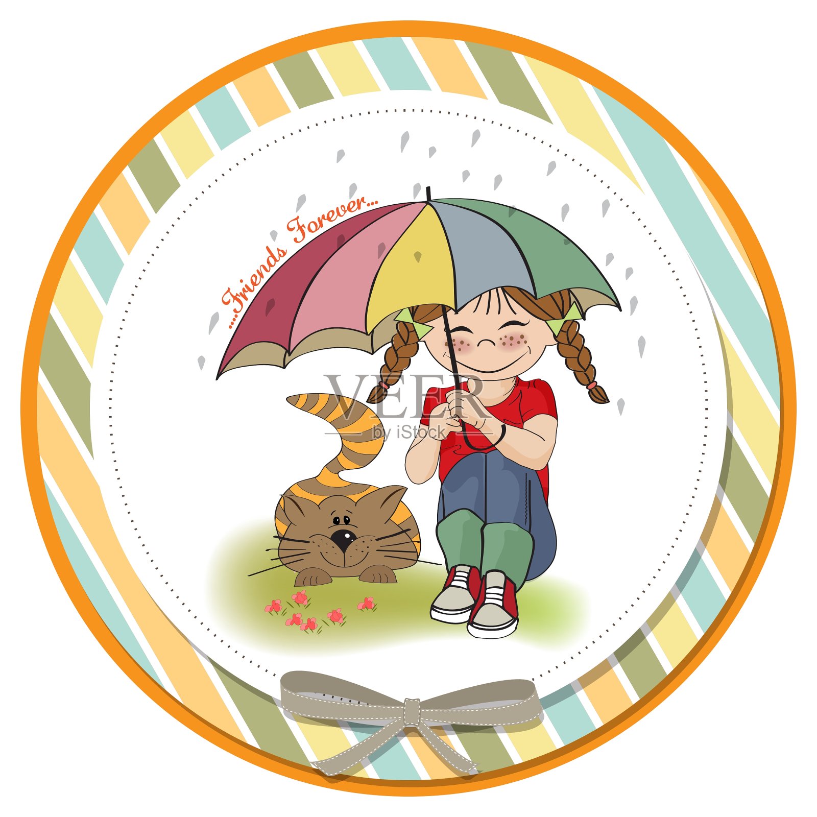 年轻漂亮的女孩和她的猫友谊卡片设计元素图片