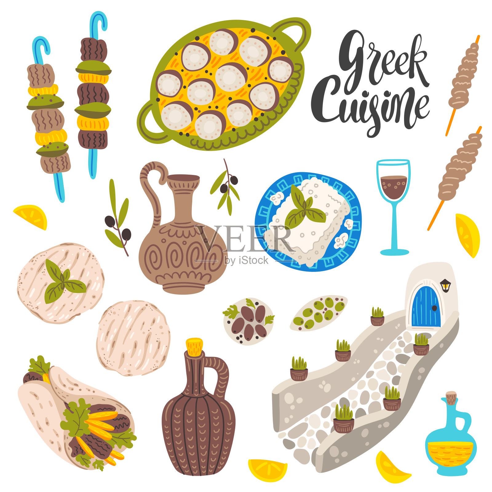 希腊美食平面矢量插图集。食物插画图片素材
