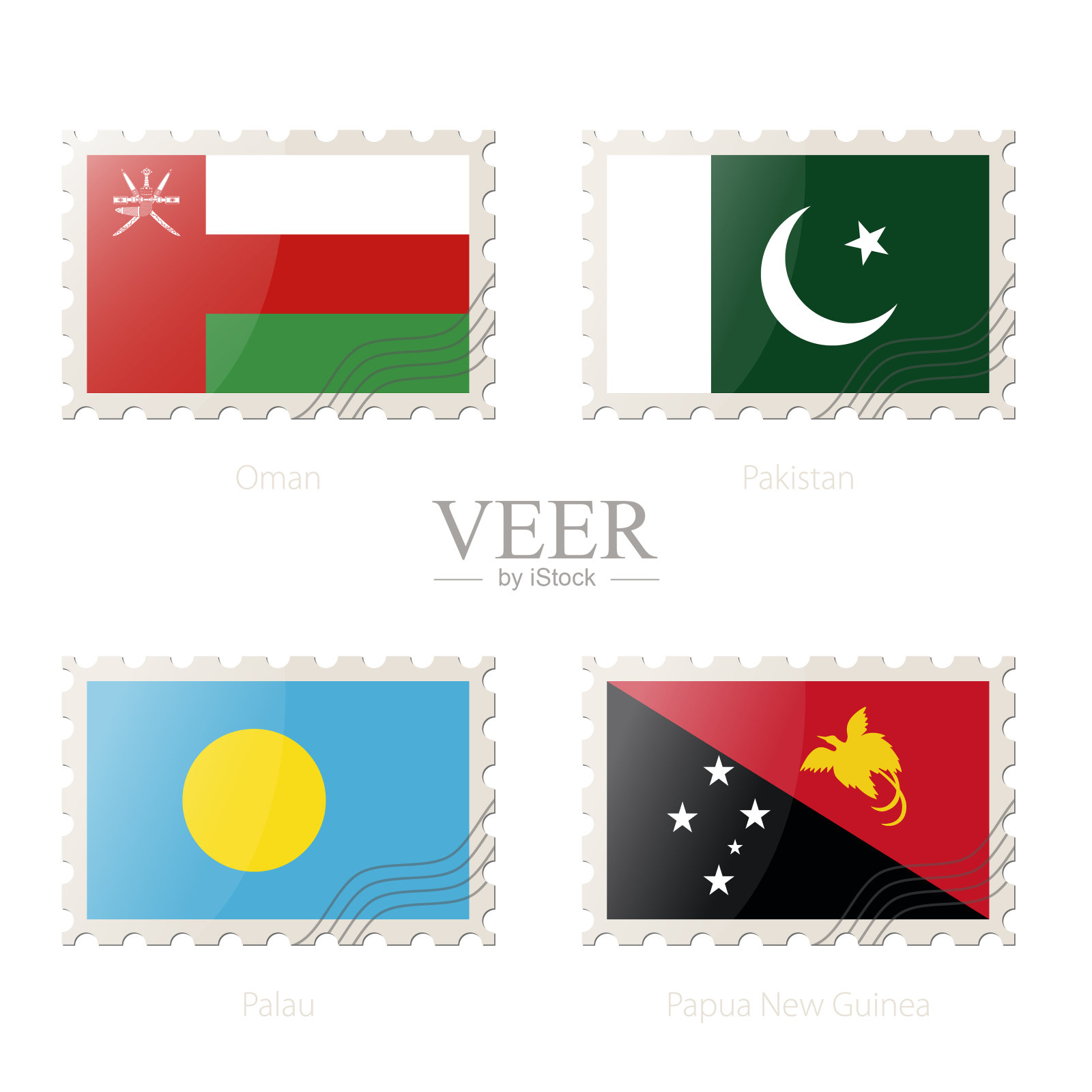 邮票上印有阿曼、巴基斯坦、帕劳、巴布亚新几内亚国旗的图案。插画图片素材