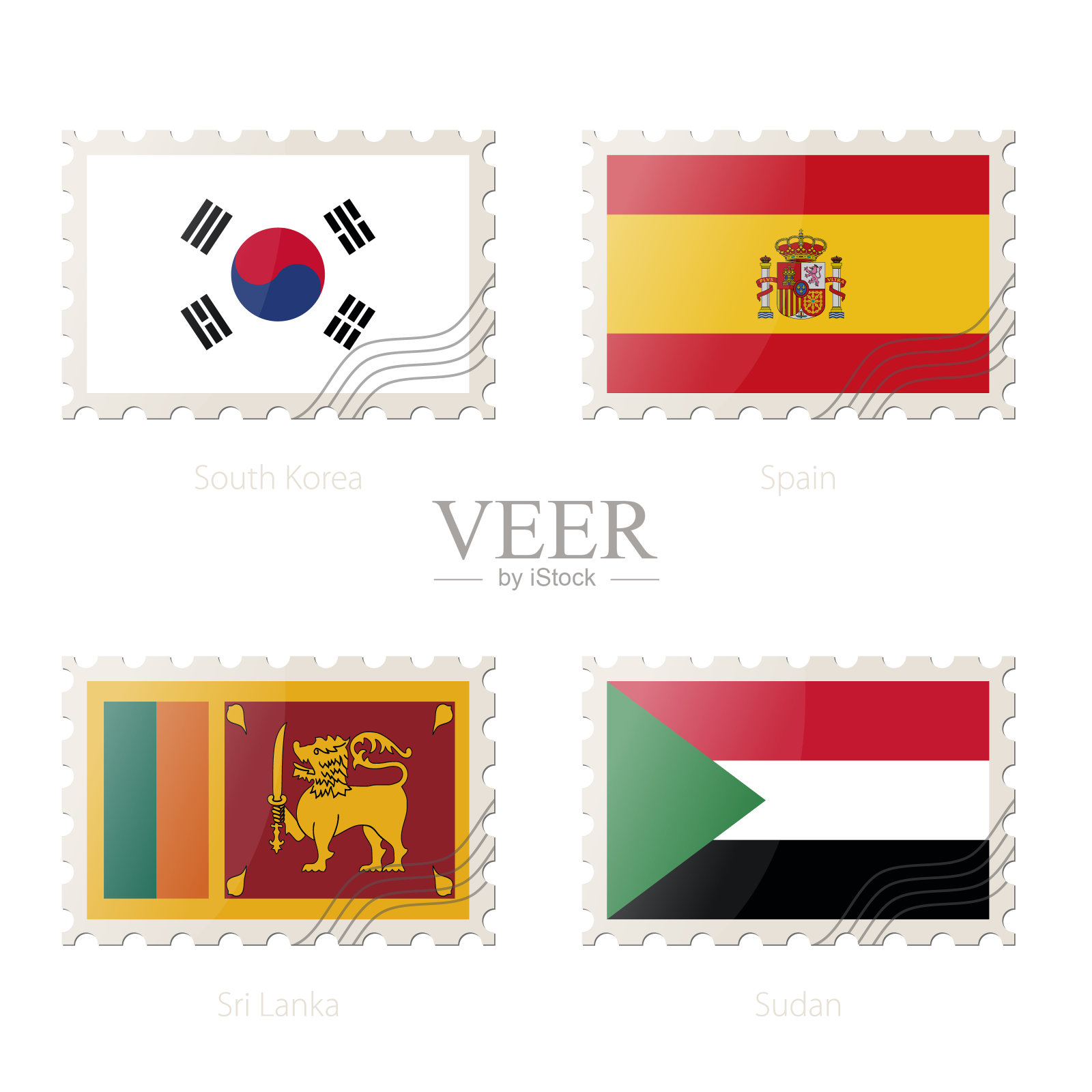 邮票上印有韩国、西班牙、斯里兰卡、苏丹国旗的形象。插画图片素材