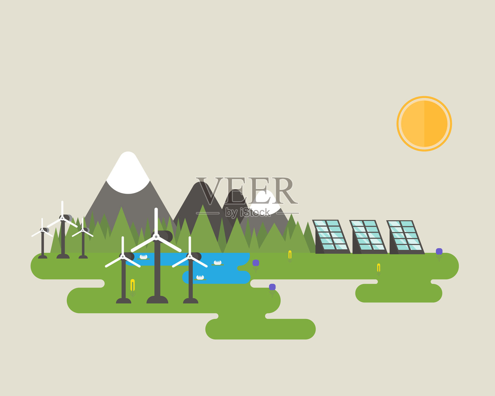 山上的风力涡轮机插画图片素材