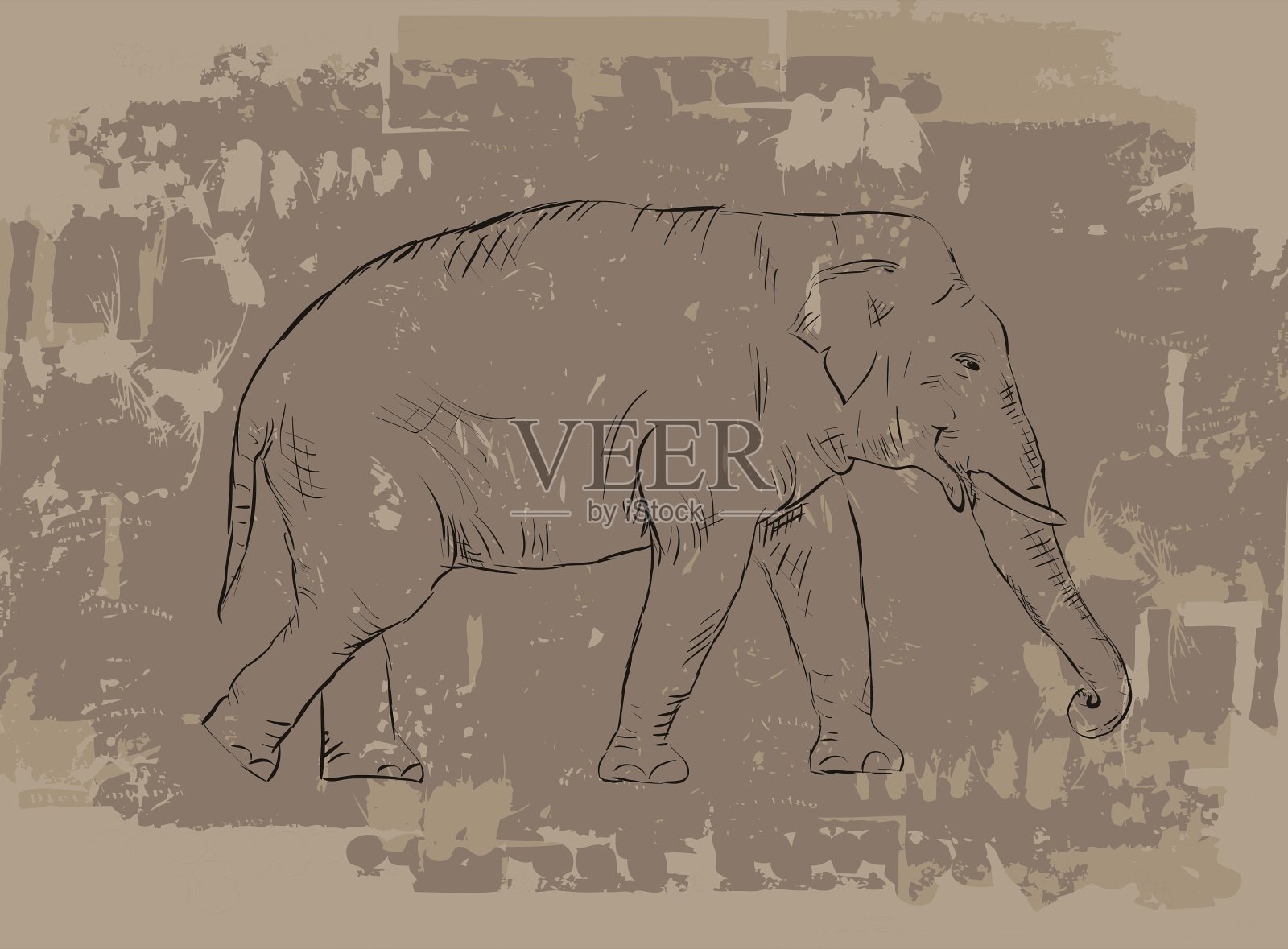 大象素描在垃圾背景插画图片素材