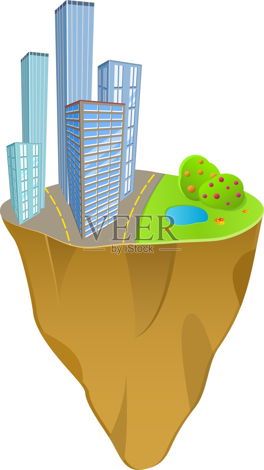 迷你片星球上的建筑和自然概念插画图片素材