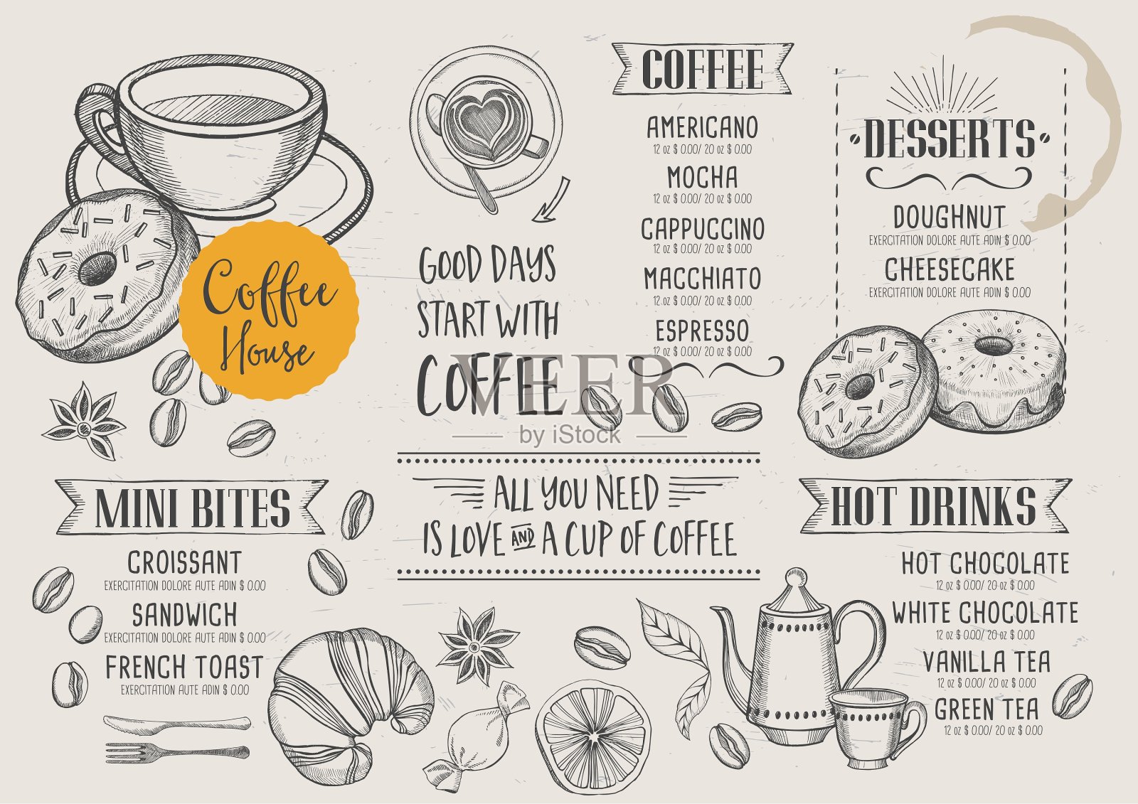 咖啡餐厅咖啡厅菜单模板设计插画图片素材