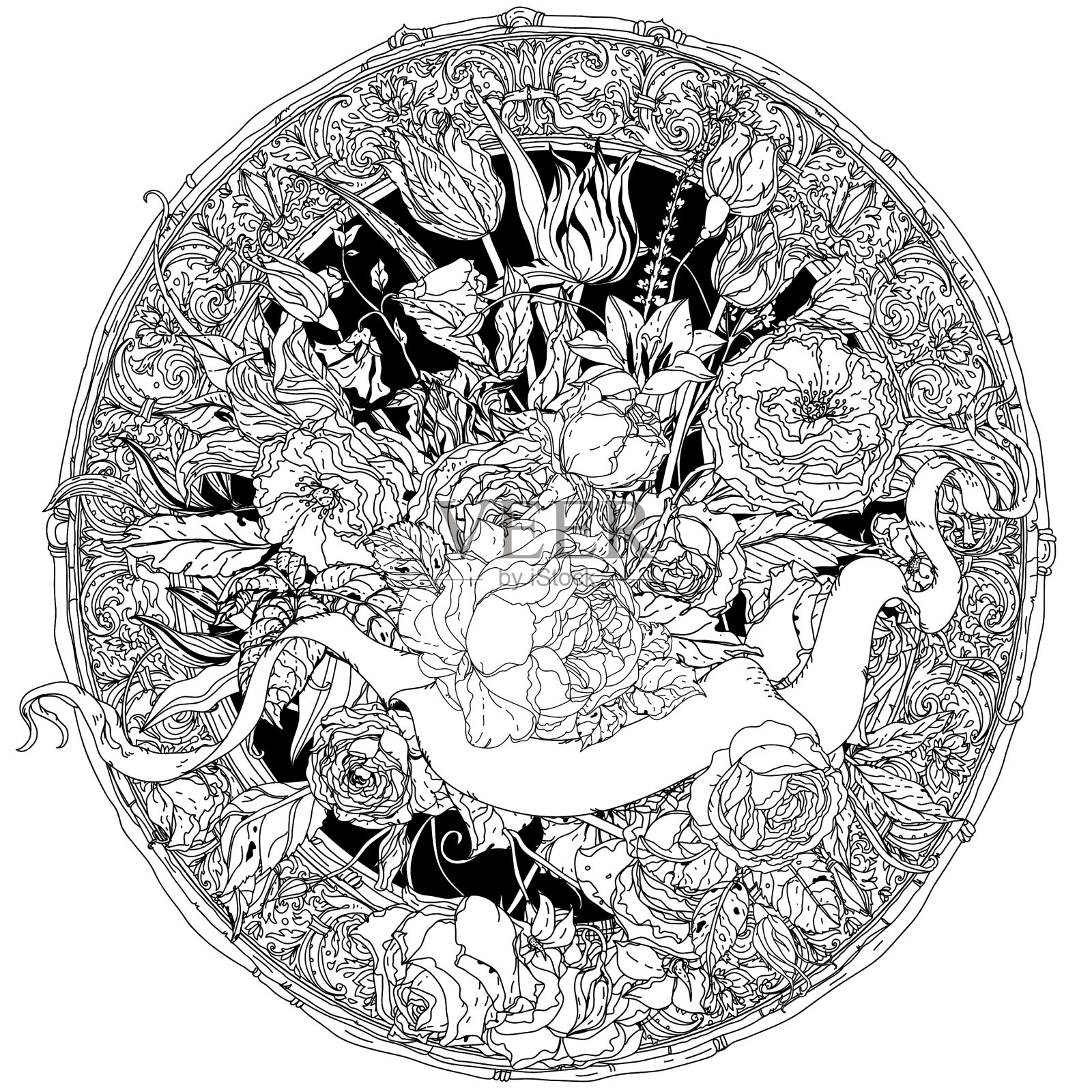 手绘纹章的圆形装饰黑色和白色设计元素图片