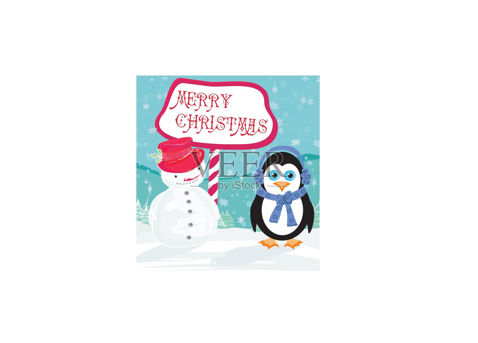有企鹅和雪人的圣诞卡片插画图片素材