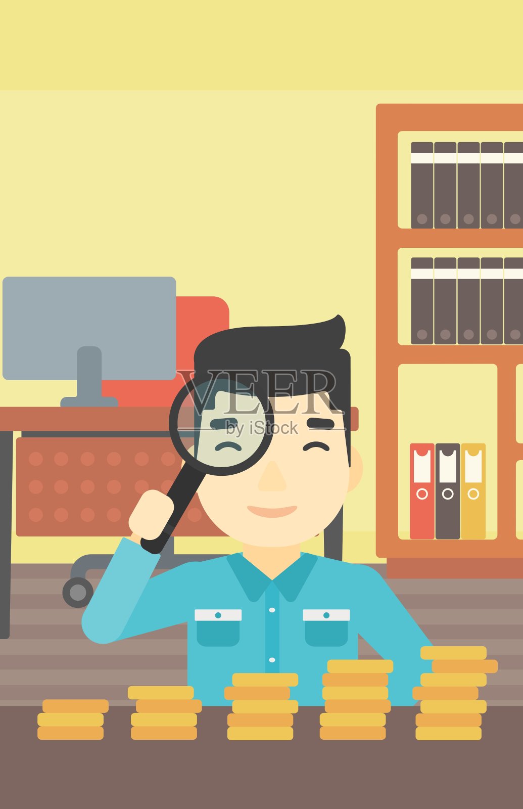 拿着放大镜看金币的人插画图片素材