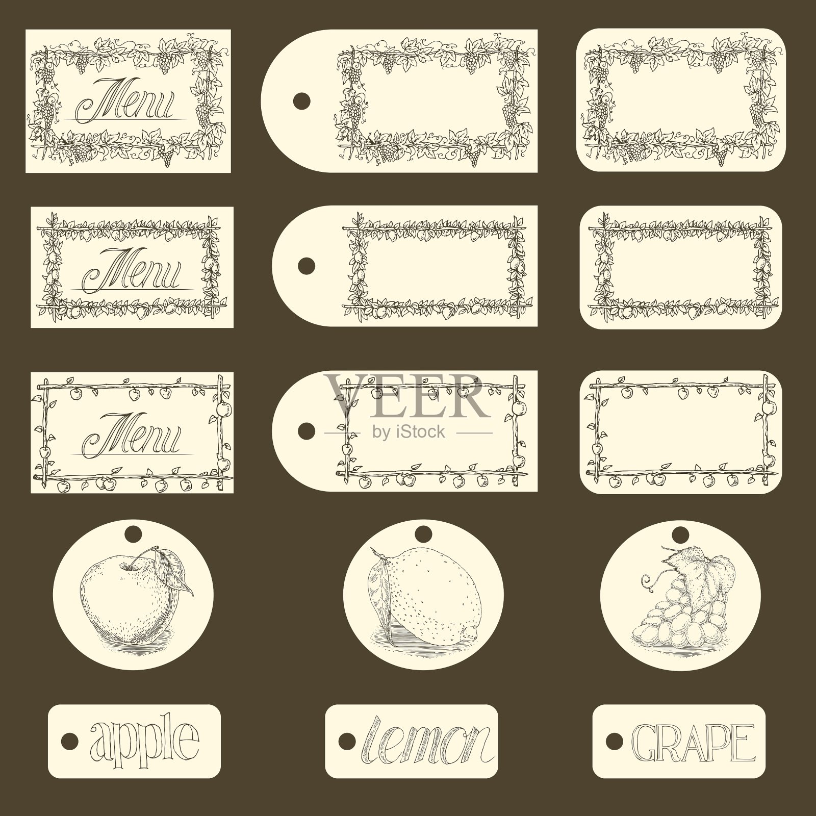 水果菜单页卡片和标签设计集插画图片素材