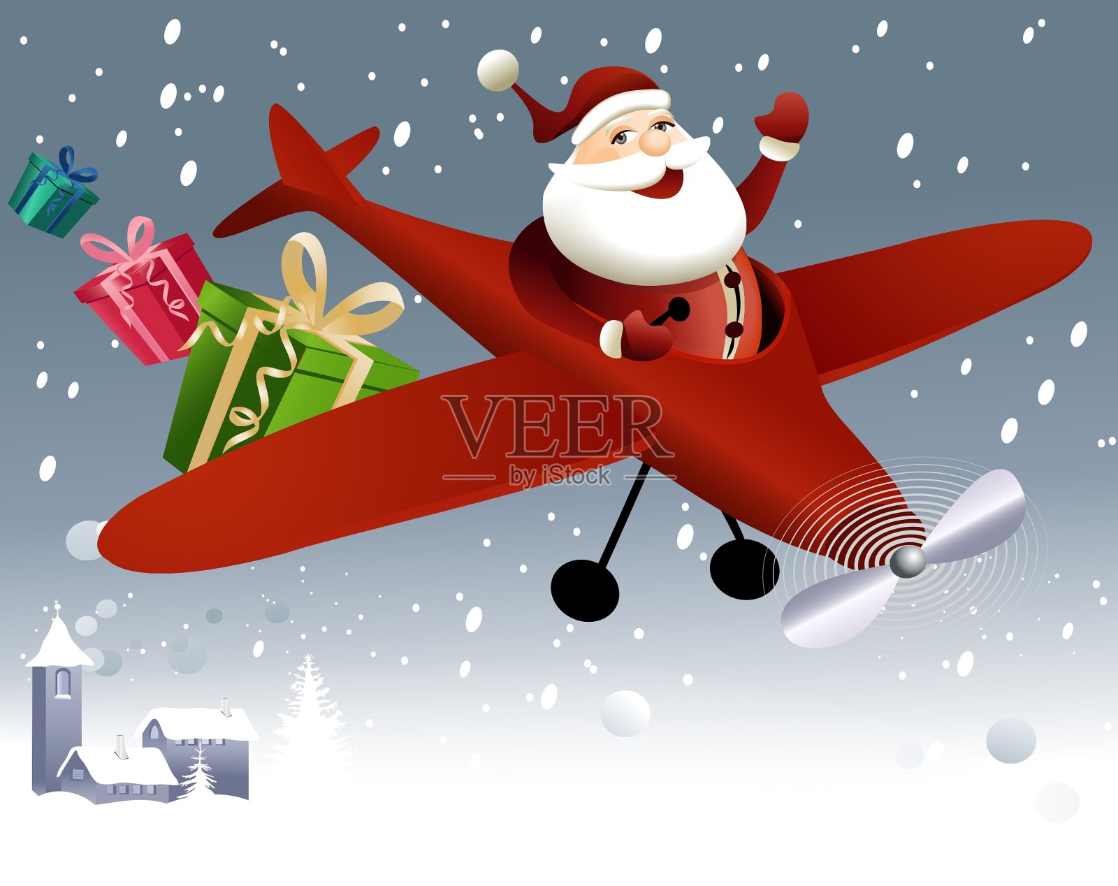 圣诞老人在飞机上飞行插画图片素材