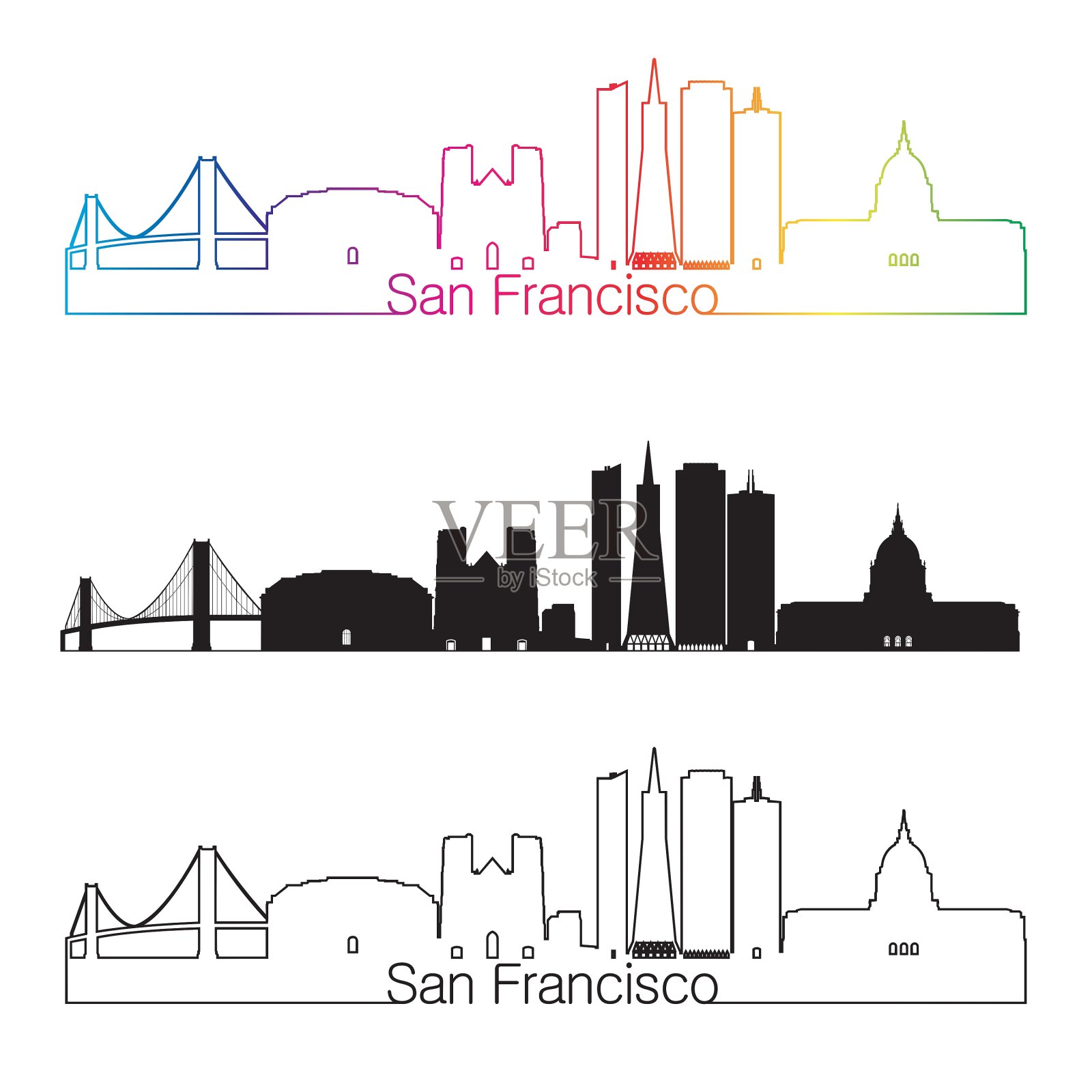 旧金山的天际线风格与彩虹插画图片素材