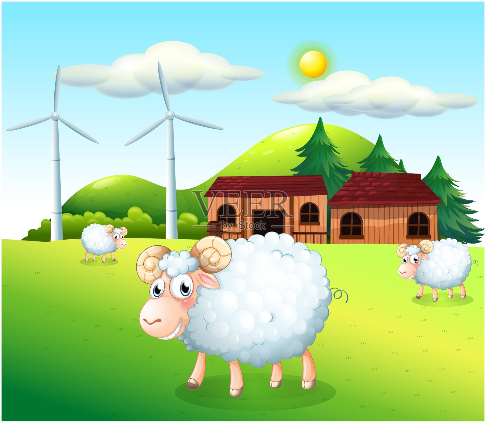 农场里的羊有风车插画图片素材