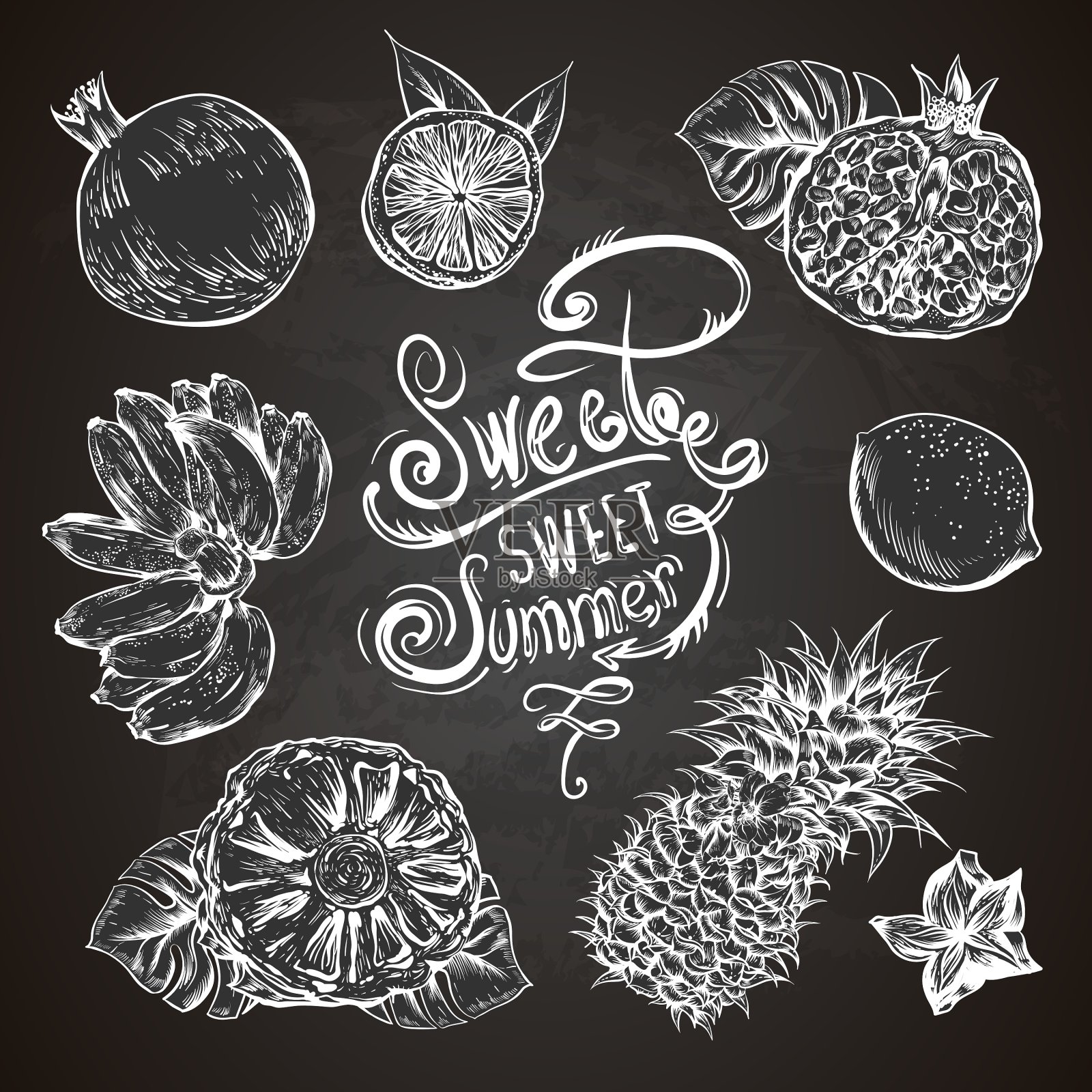 复古的一套热带水果在黑板上插画图片素材