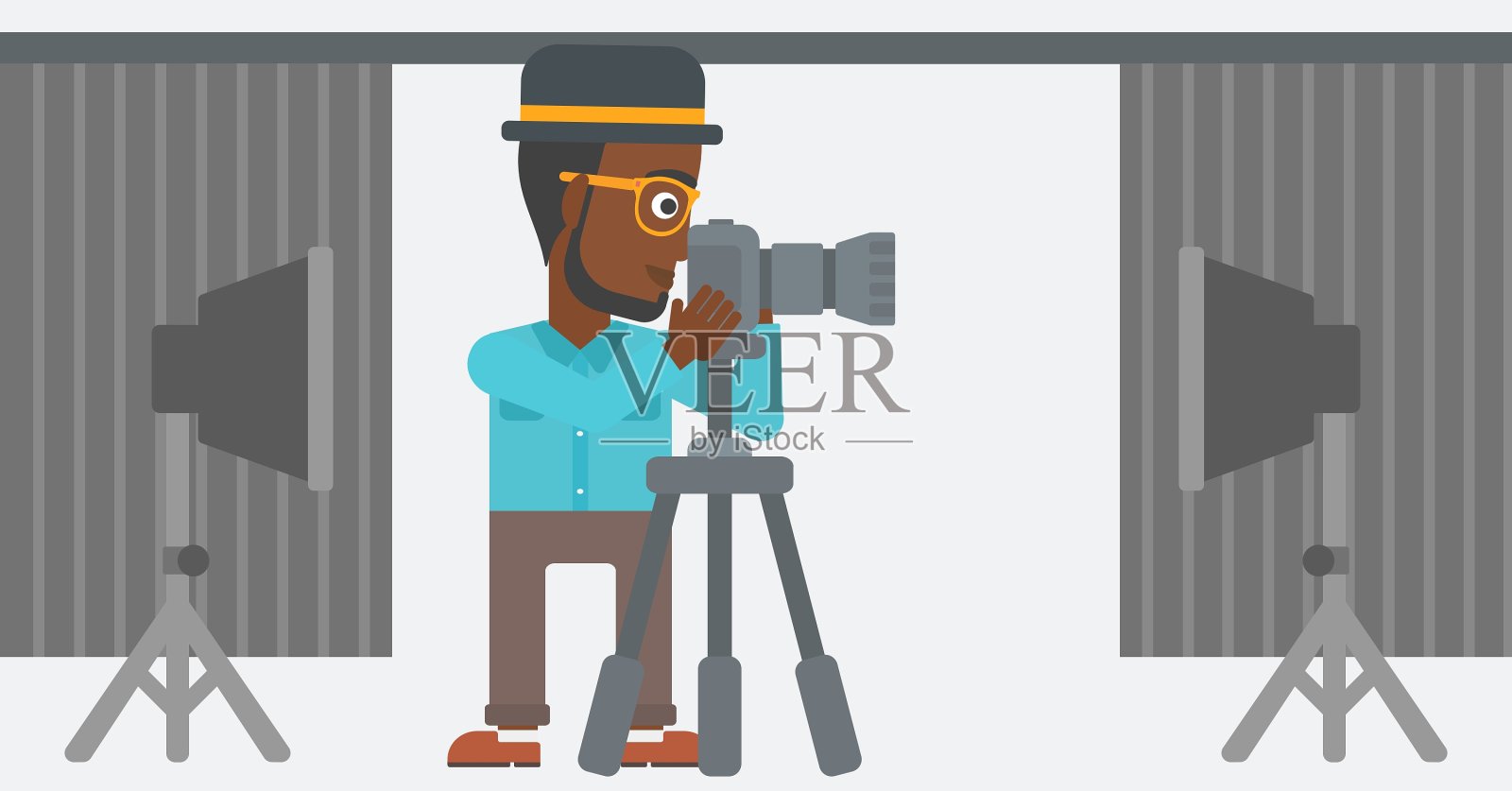 摄影师与相机在三脚架上工作插画图片素材