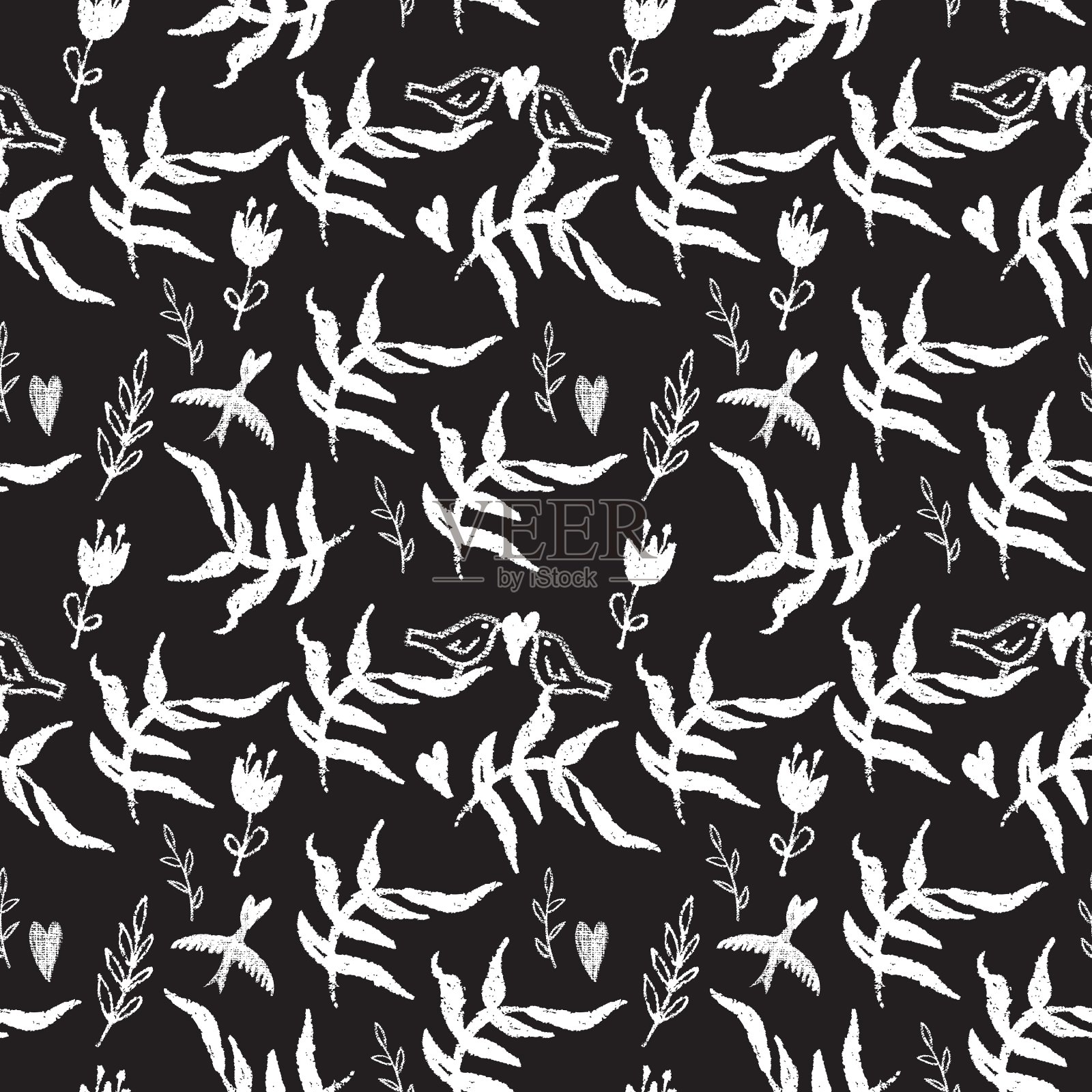 黑色无缝图案与杂草、花卉和鸟类插画图片素材