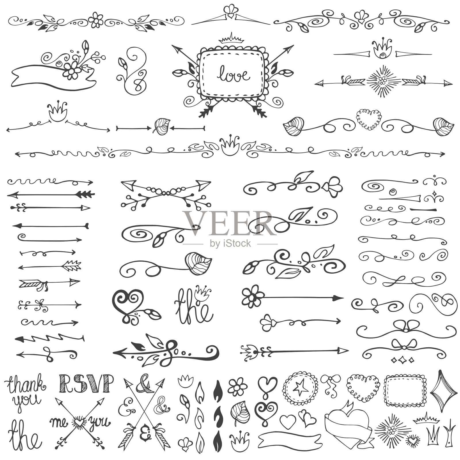 涂鸦花卉装饰setbordersframesarrow插画图片素材