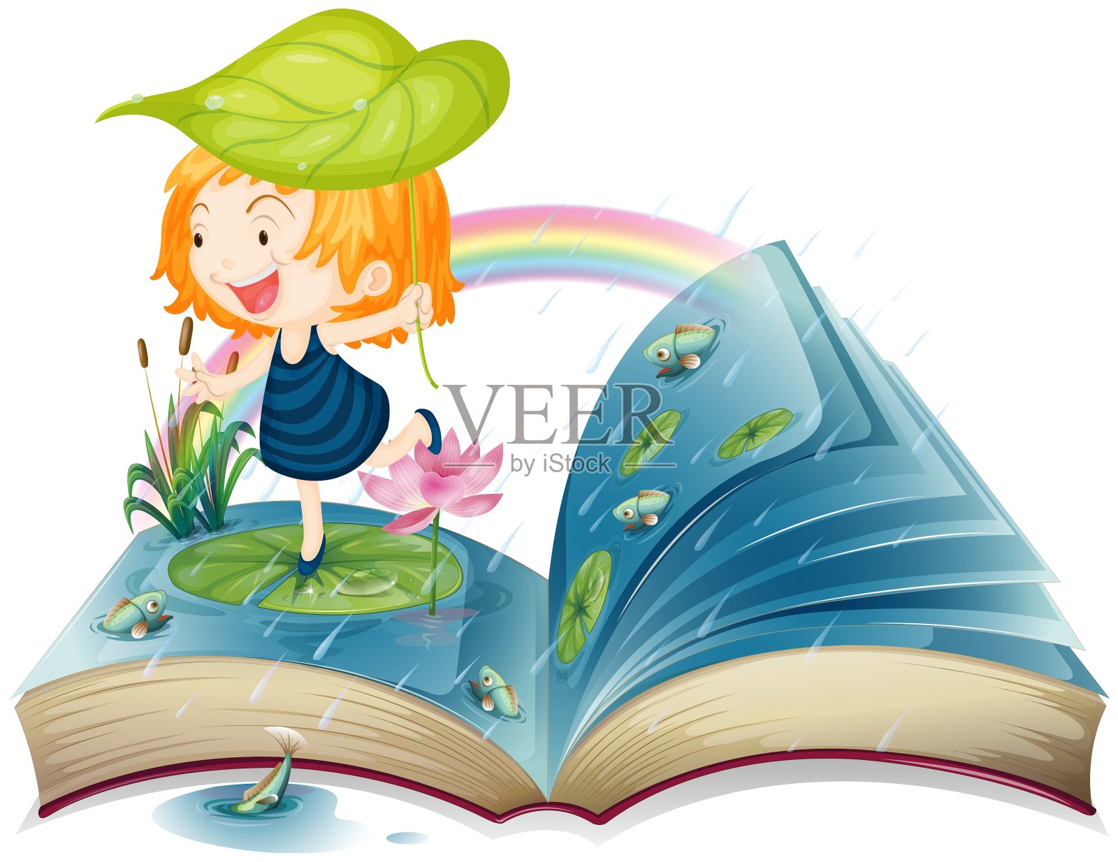 一本书，上面画着一个在池塘边的女孩设计元素图片