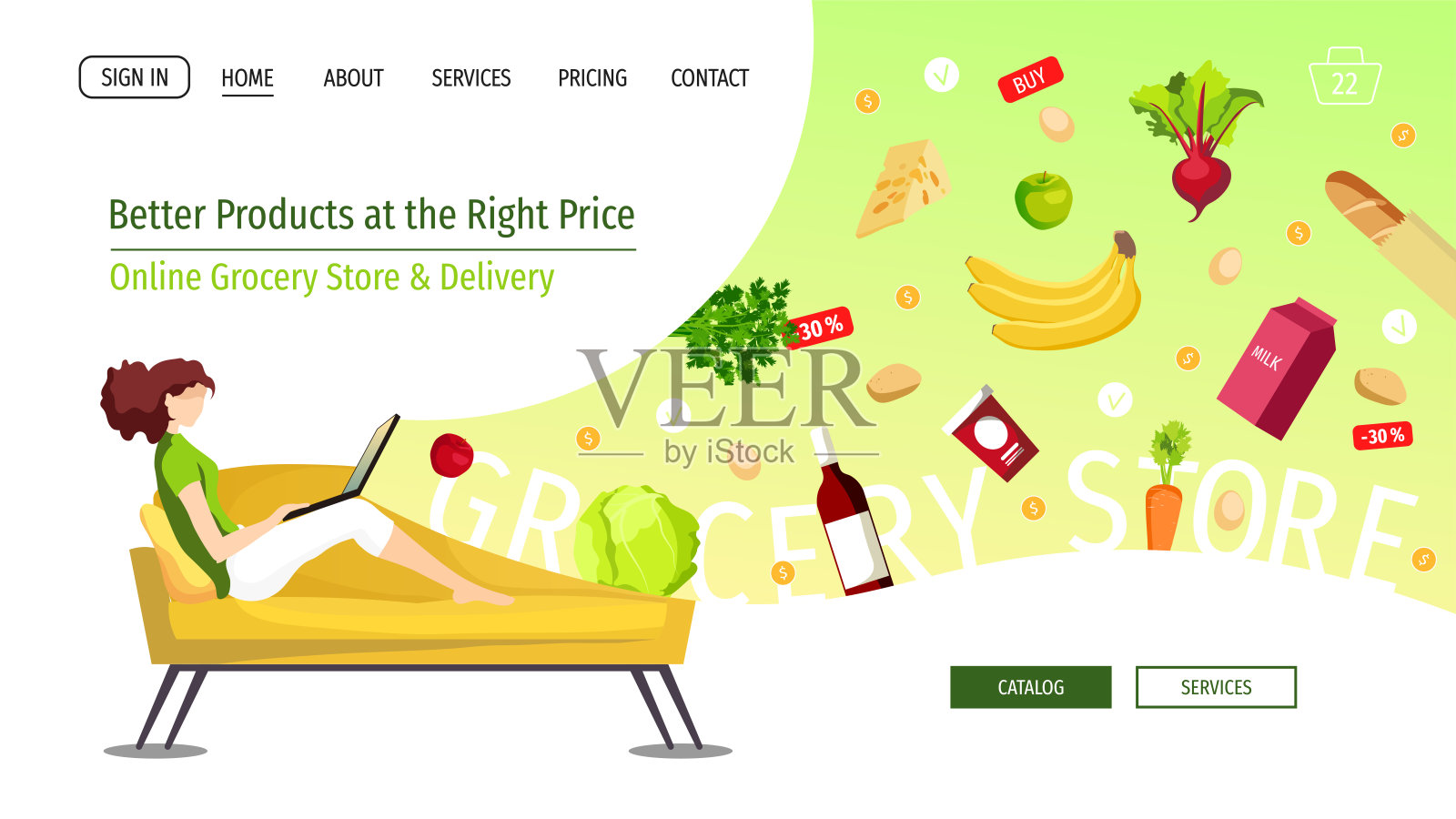 网页设计模板的杂货店，网上市场，送货上门，购物。年轻女子坐在沙发上点餐。插画图片素材