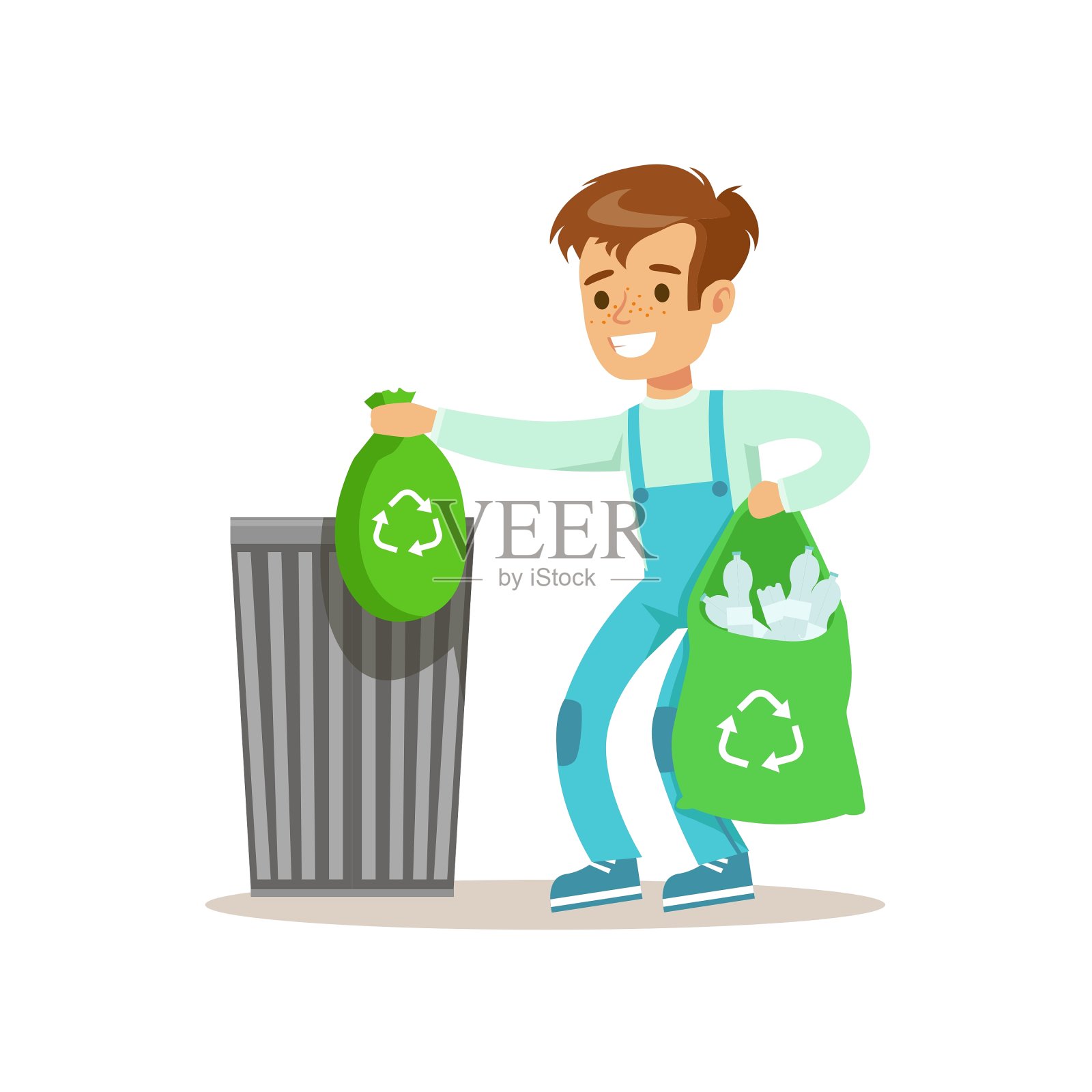 男孩扔掉装满塑料的垃圾袋设计元素图片