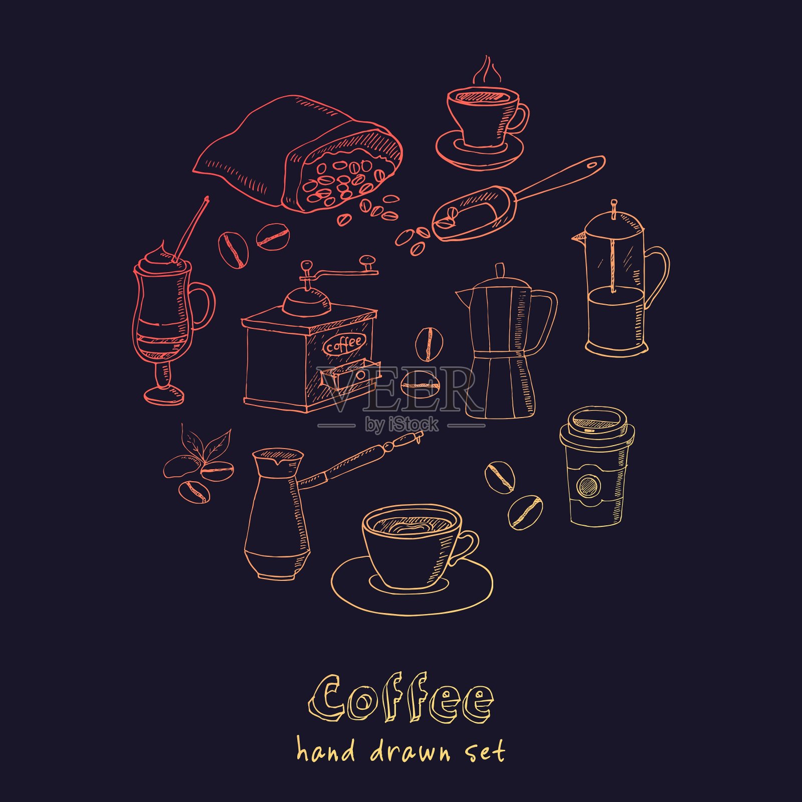 手绘咖啡套配料和图标素材