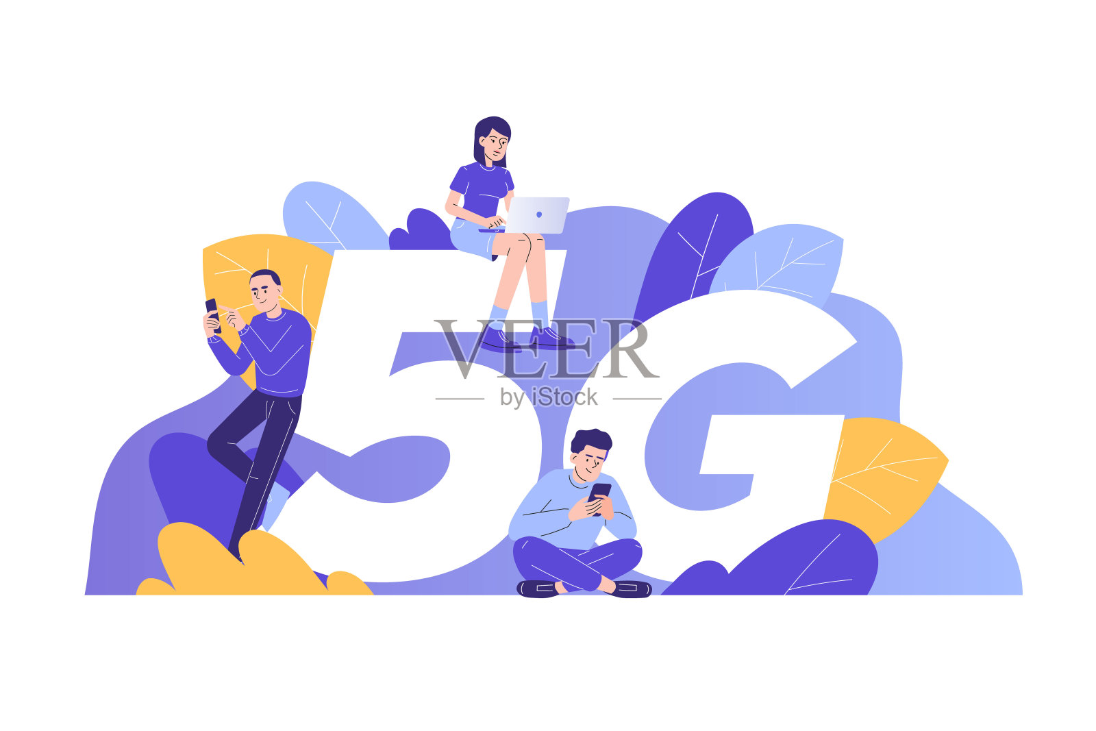 5G网络无线技术概念。人们站在或坐在大的5G标志附近，使用智能手机。高速移动互联网连接。创新。孤立矢量，网页插图插画图片素材
