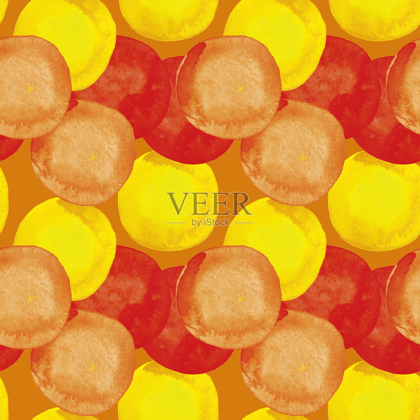 无缝的水彩模式。黄色、橙色和红色的圆形手绘水彩画。插画图片素材