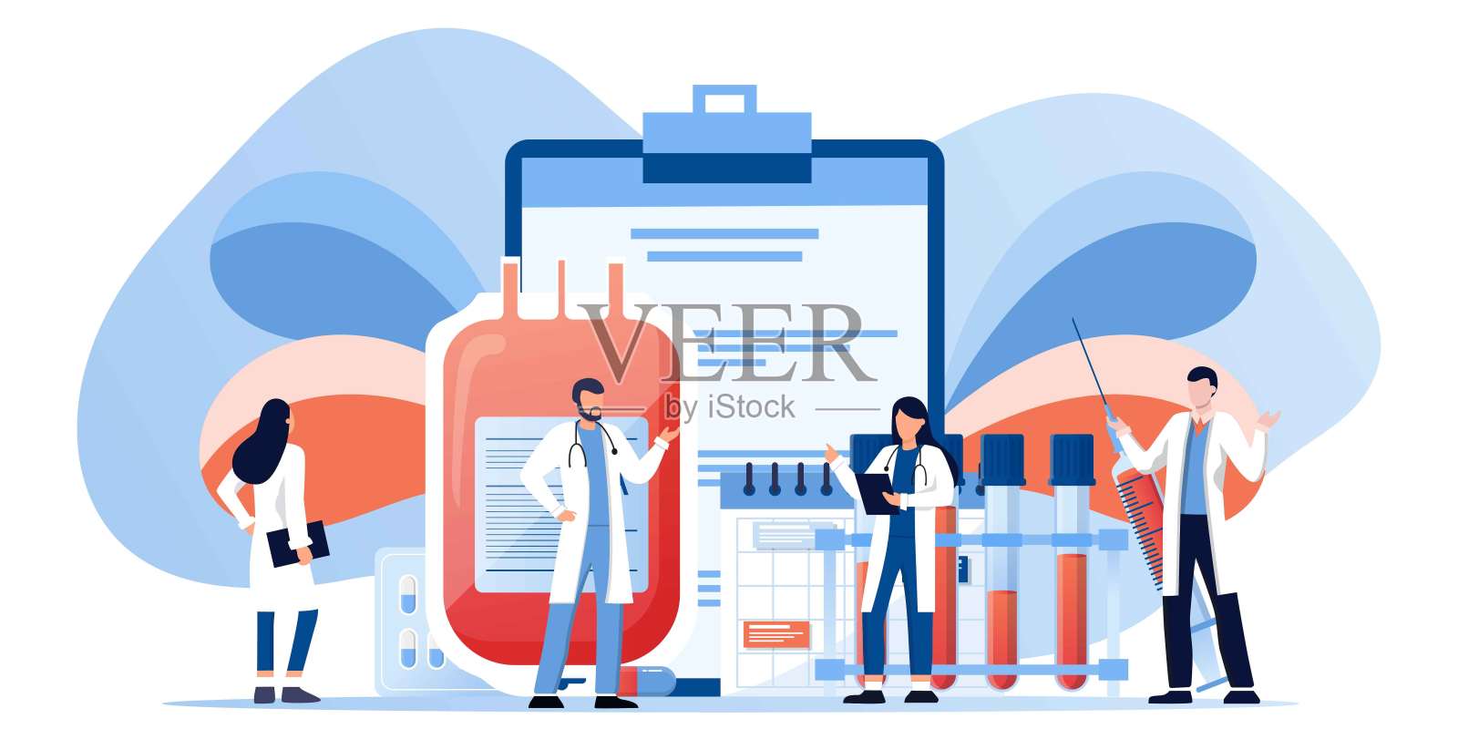 医学验血平概念。化学实验室分析，医务室或化验室。试管里的病人血液。横幅，传单，着陆页模板。考试检查表空白文档插画图片素材
