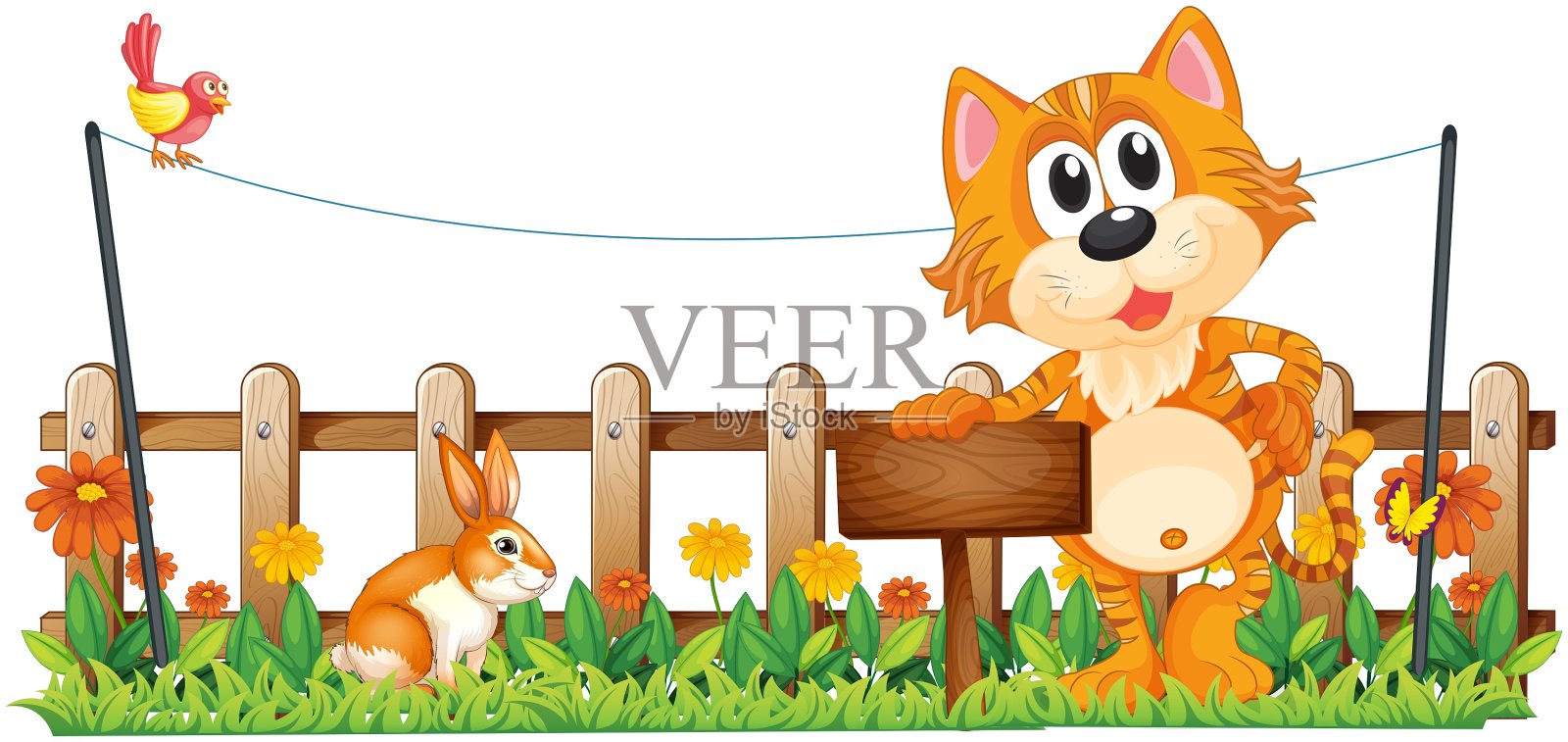 一只老虎拿着一个空的木招牌靠近设计元素图片