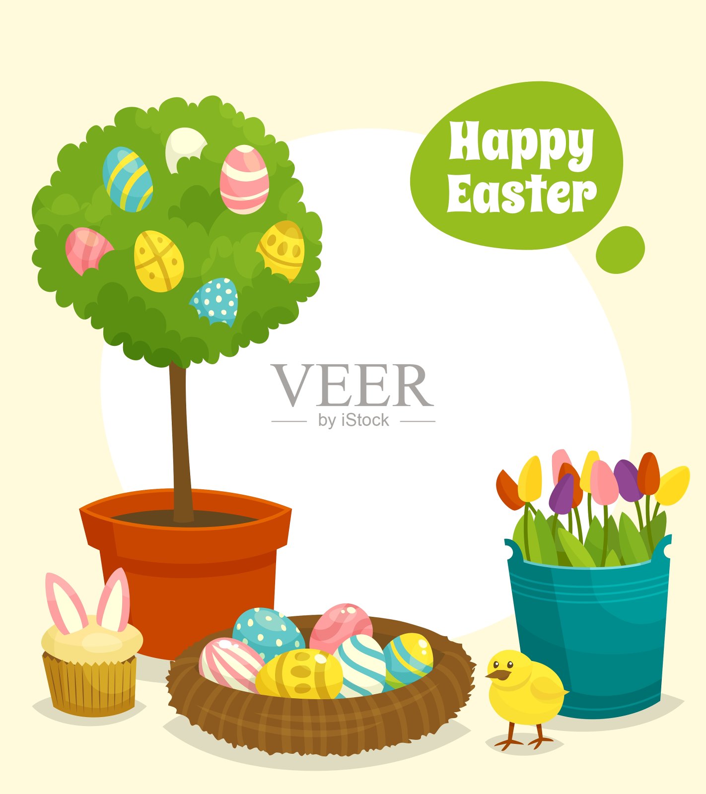 复活节海报上有树，蛋，小鸡花插画图片素材