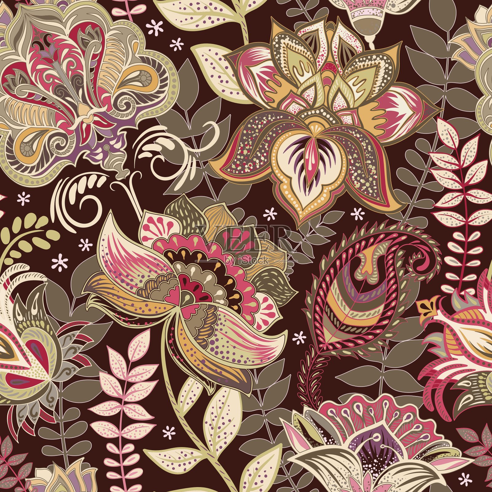 明亮的无缝图案在佩斯利风格插画图片素材