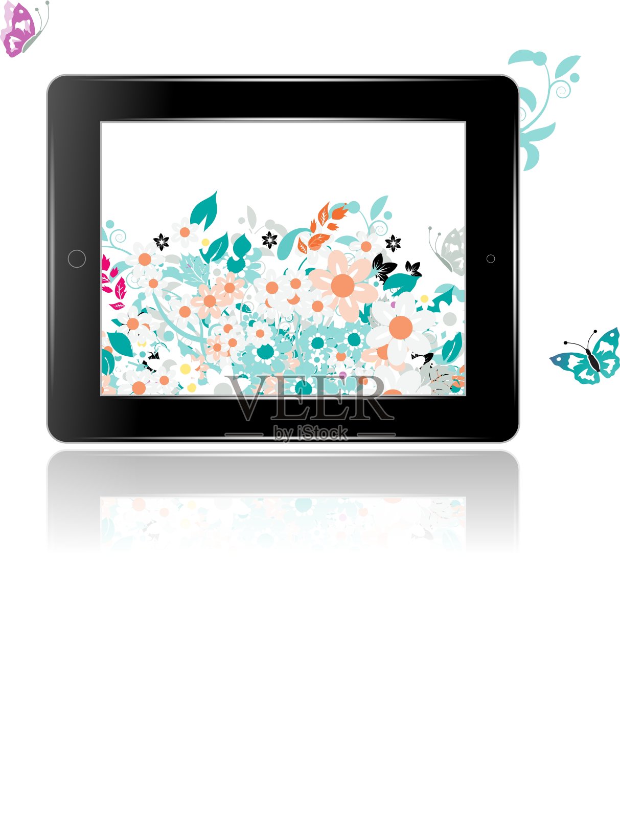 黑色抽象平板电脑与花卉装饰设计元素图片