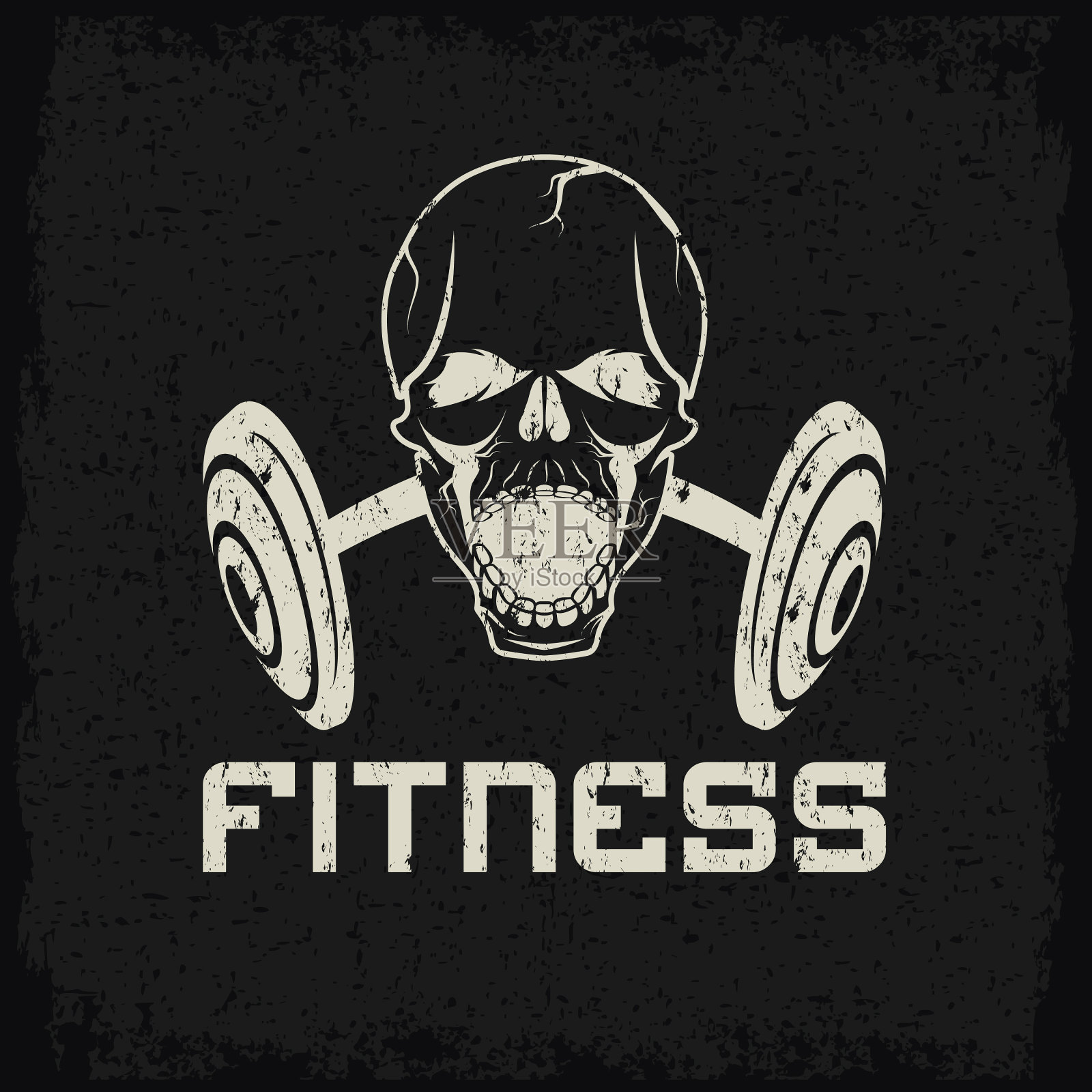 Grunge侵略性头骨和杠铃健身标志插画图片素材