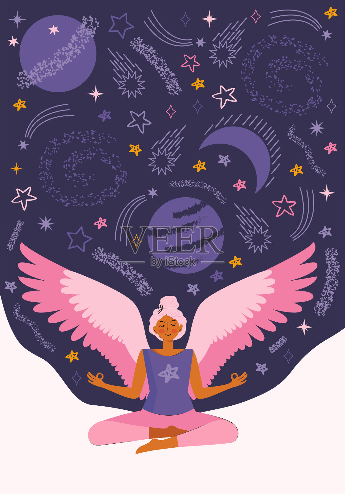 年轻女子练习瑜伽和冥想在家隔离。拥有虚拟翅膀的女孩在宇宙、星星和宇宙中冥想。花时间在家享受福利。平面向量插图插画图片素材