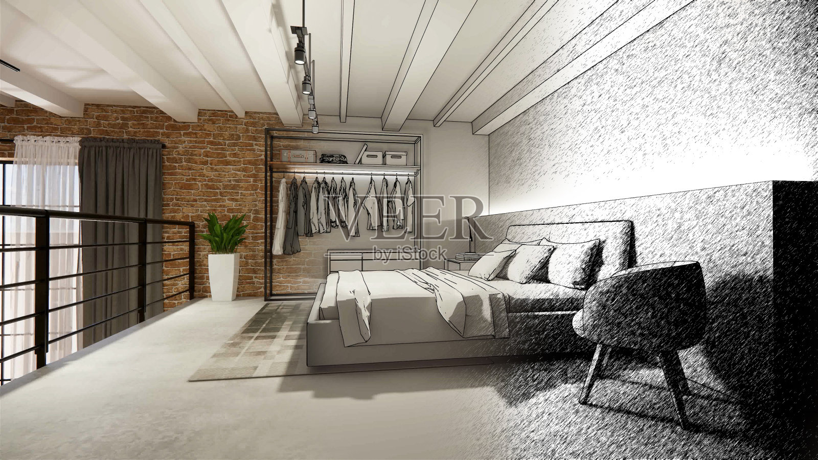 3 d渲染。室内设有厨房的现代开放式生活空间。Loft风格复式公寓住宅。家居装饰豪华室内设计。照片摄影图片