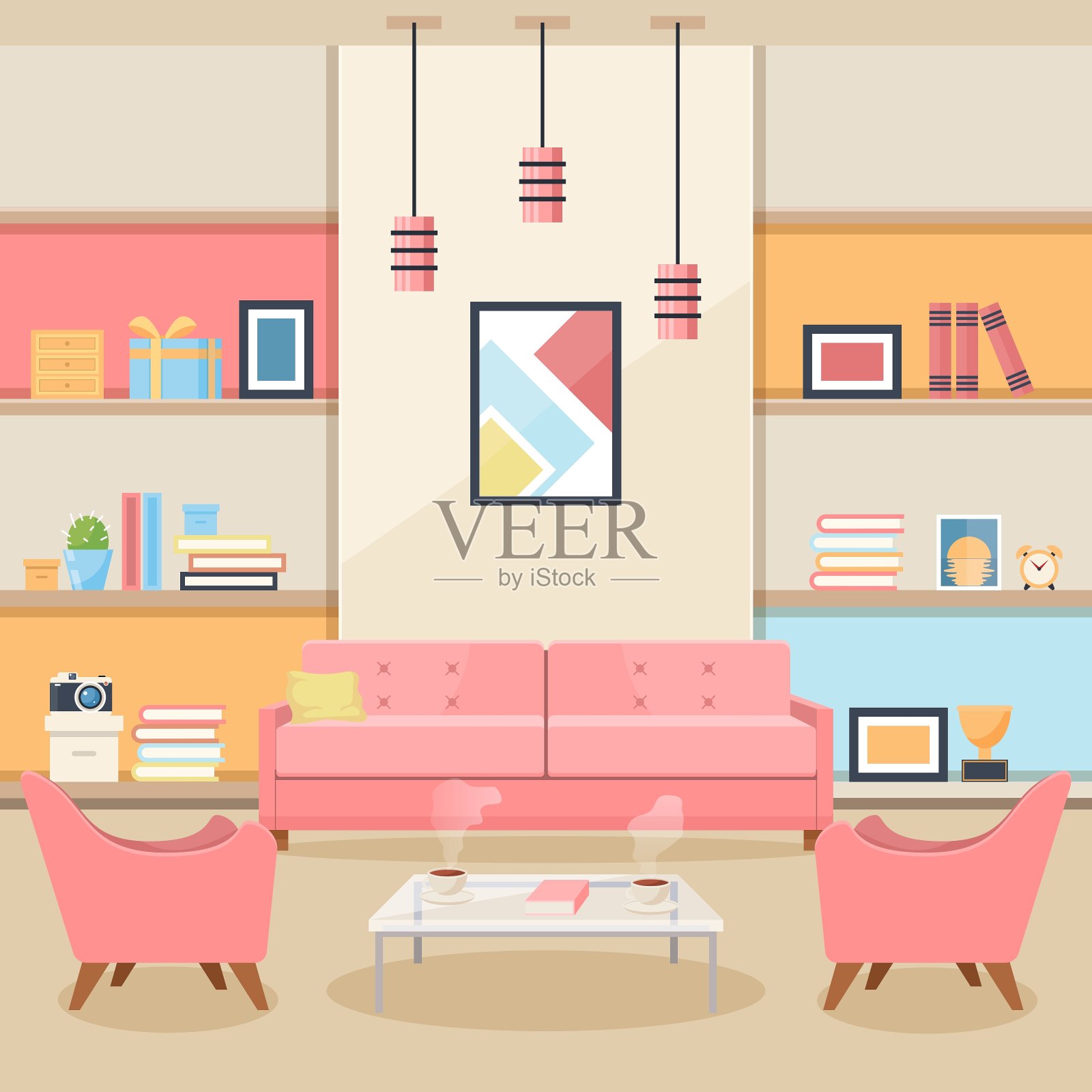 客厅和家具舒适的内部公寓插画图片素材