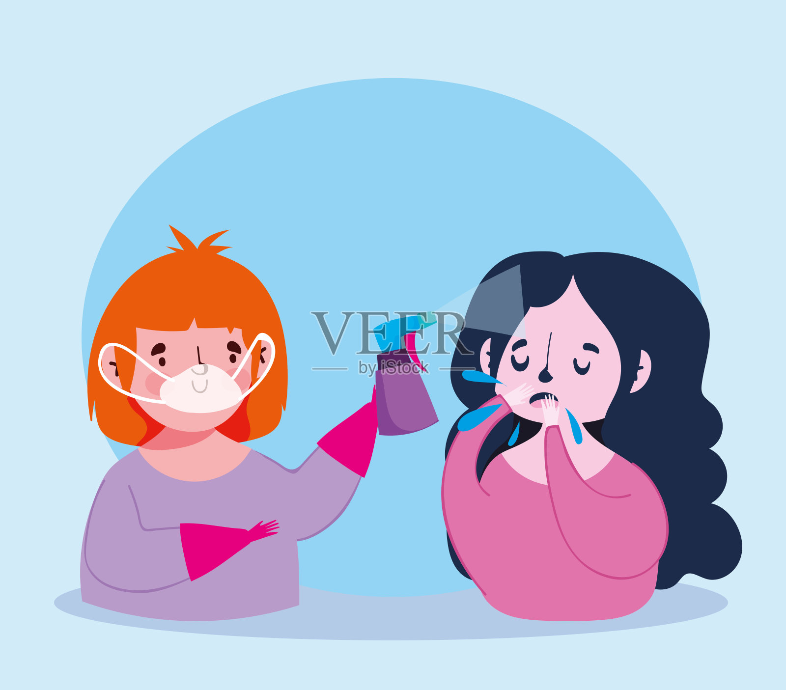 Covid - 19冠状病毒，男孩用口罩消毒对有症状的女孩插画图片素材