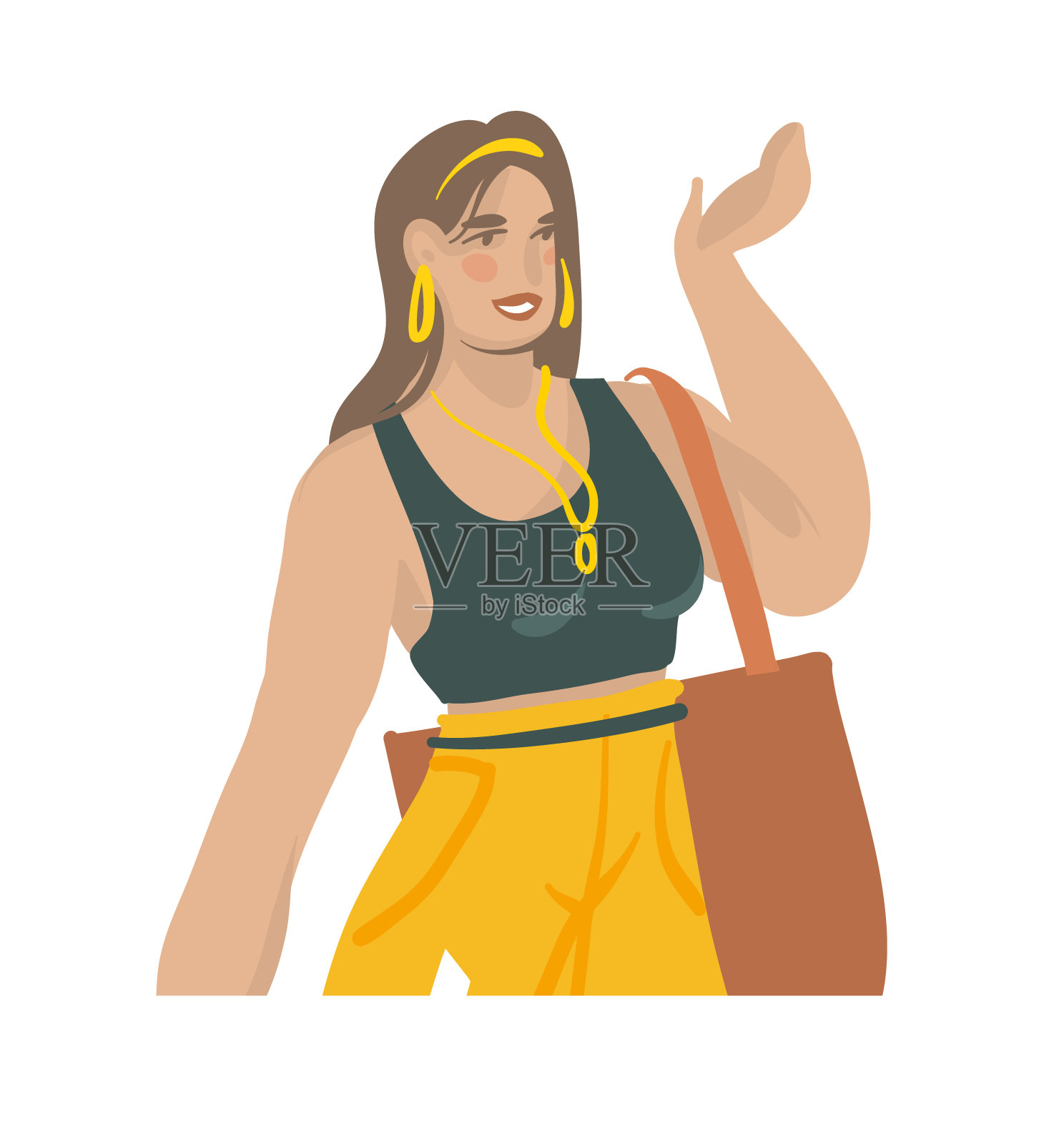 手绘矢量抽象股票图形插图与年轻的微笑学生女购物袋孤立在白色的背景插画图片素材