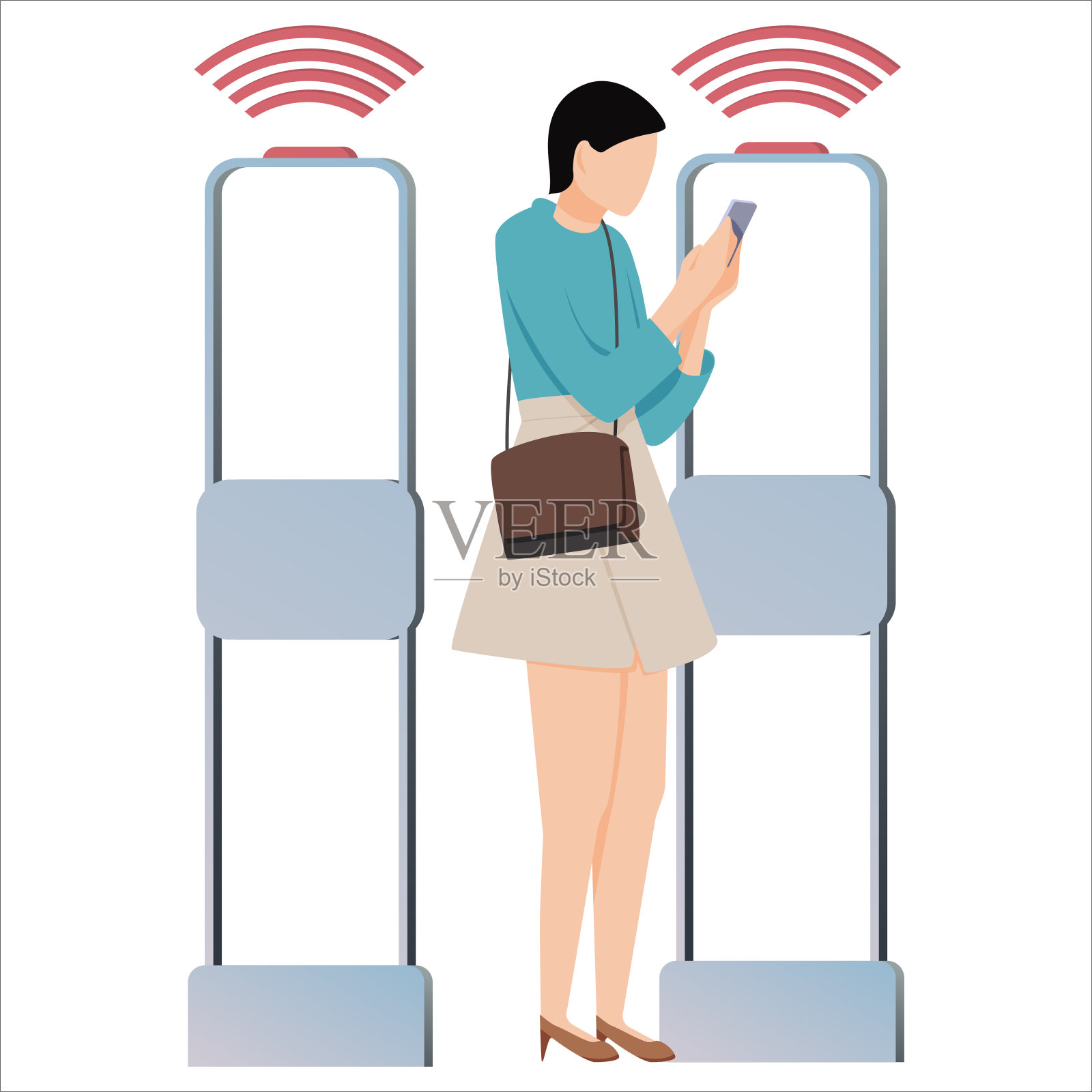 女人通过防盗感应门。系统报告盗窃。安全系统检测条码并通知。向量,插图。插画图片素材