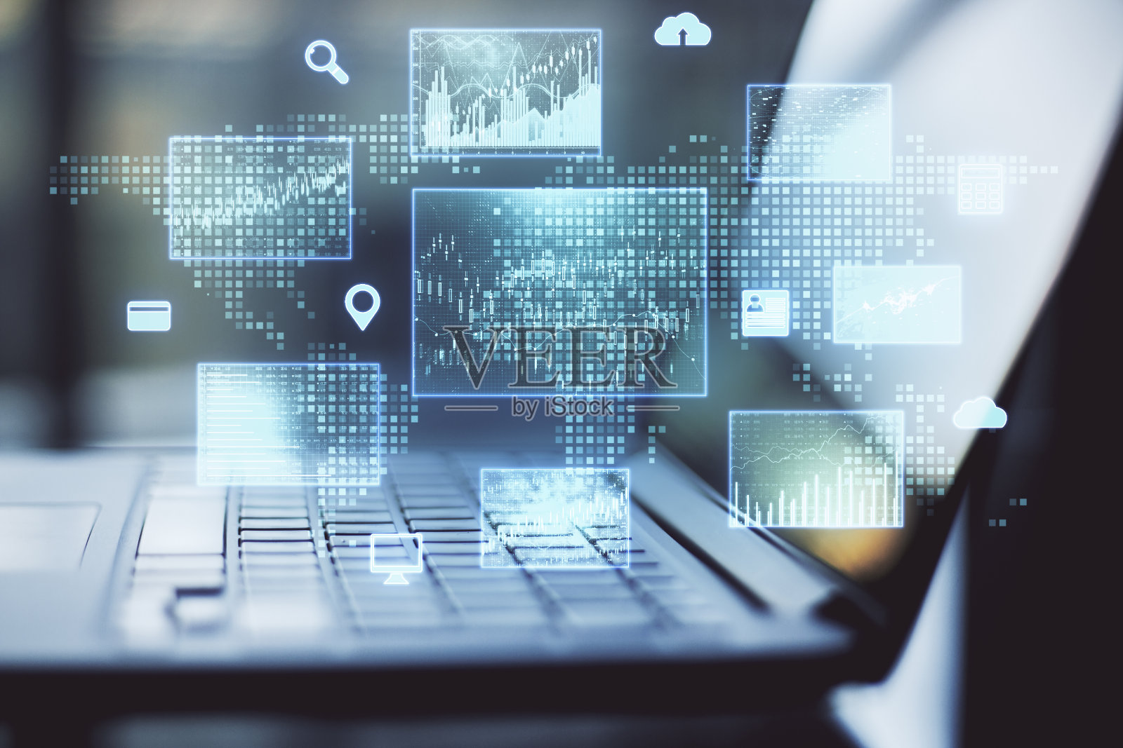 具有抽象全局业务接口的笔记本电脑照片摄影图片