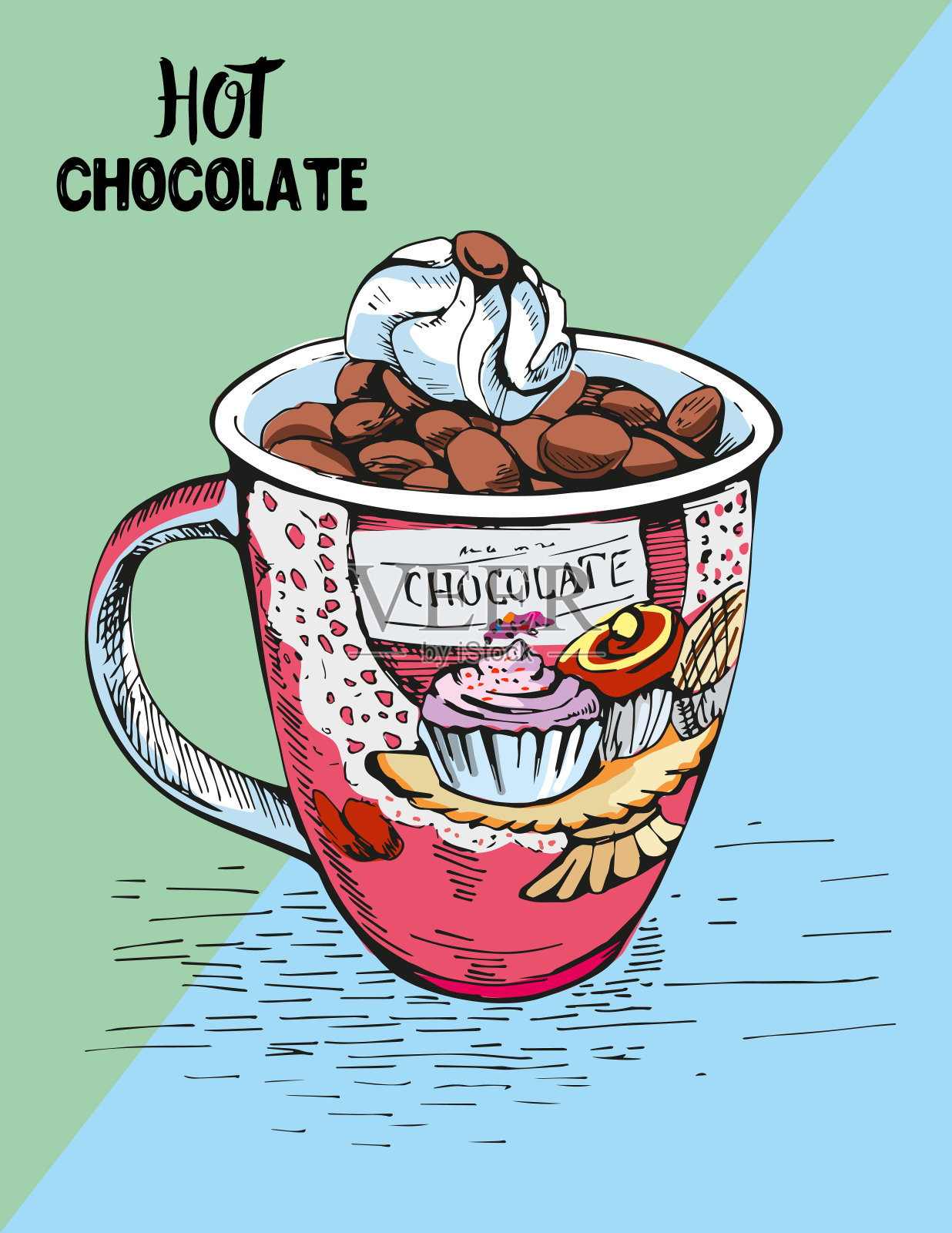 一杯带有泡沫的粉红色热巧克力。手绘雕刻的标签的复古草图。热饮。巧克力模板的标签或菜单。插画图片素材