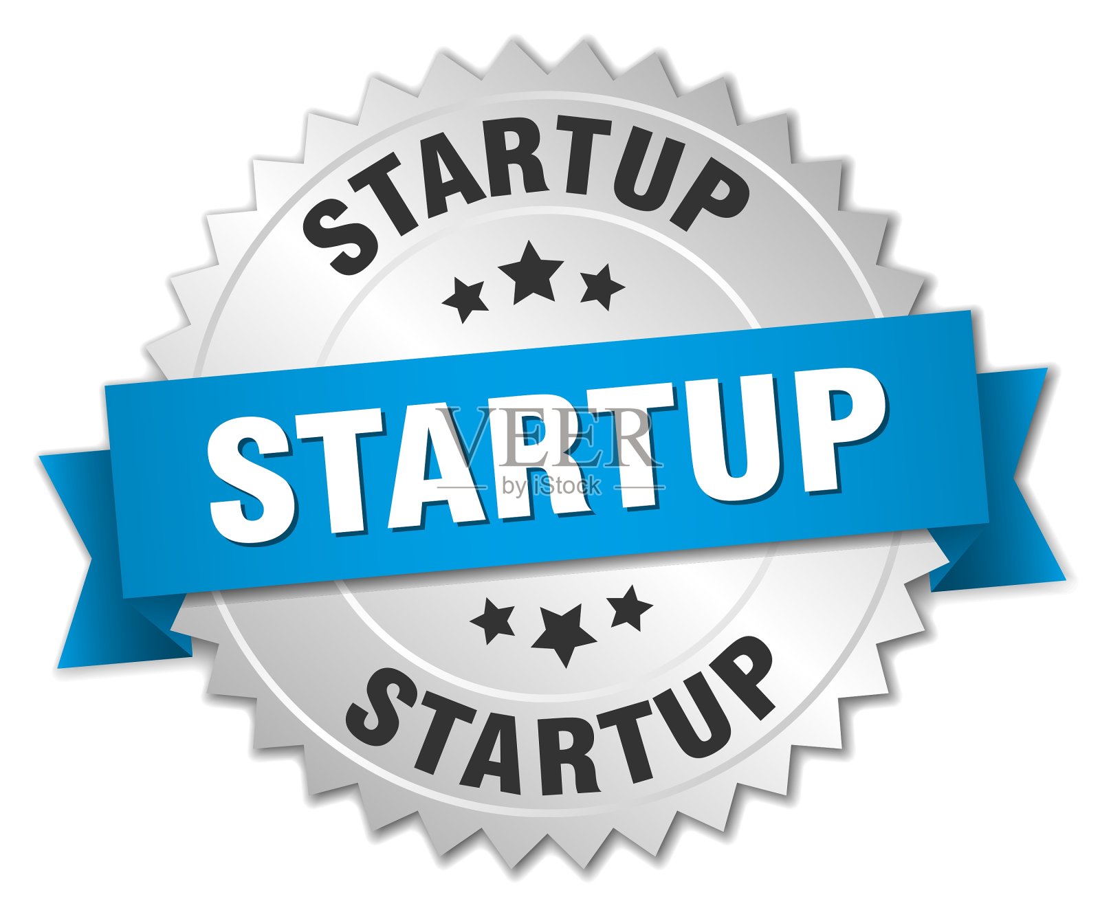 创业3d银色徽章与蓝色丝带插画图片素材