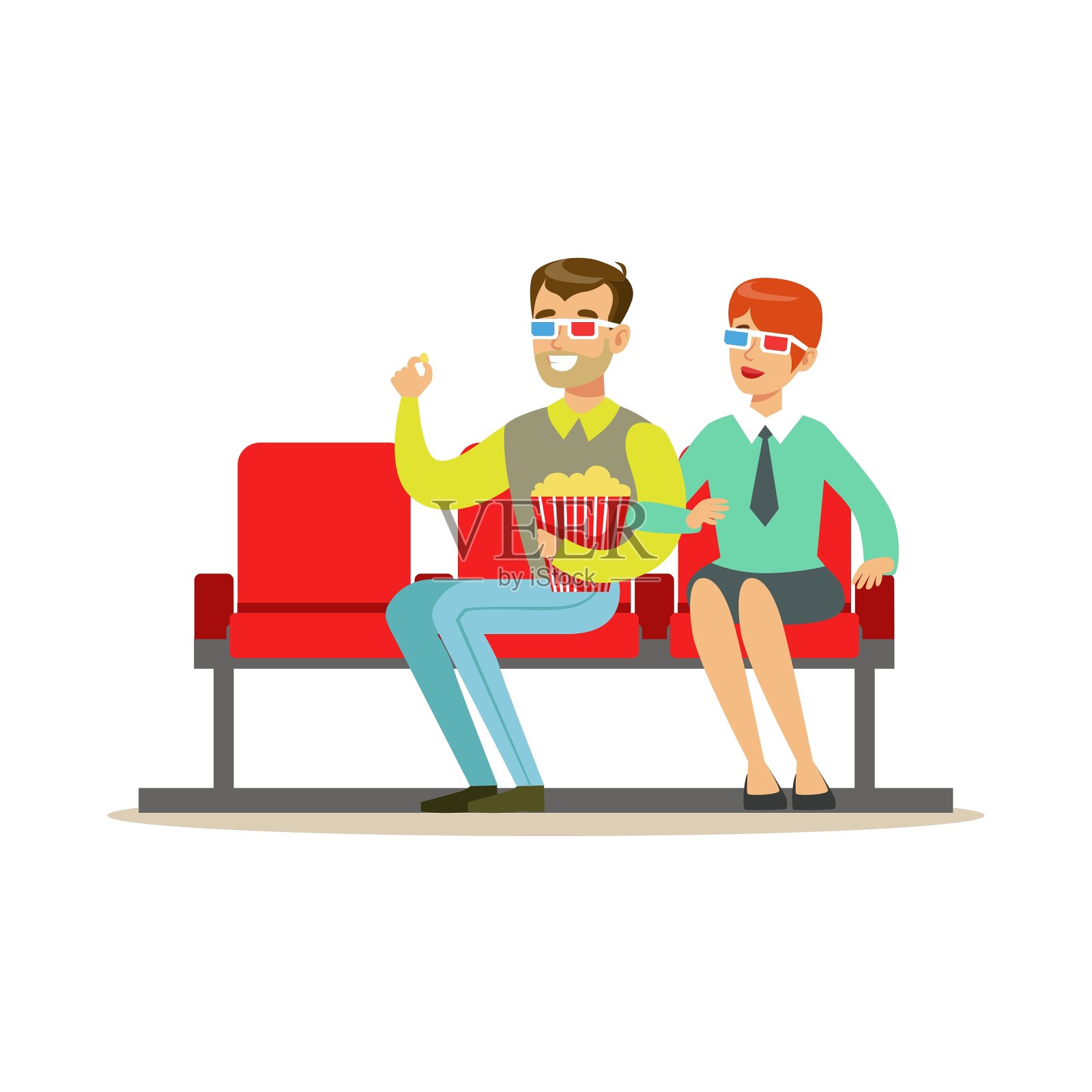 一对夫妇用爆米花和3D看电影设计元素图片