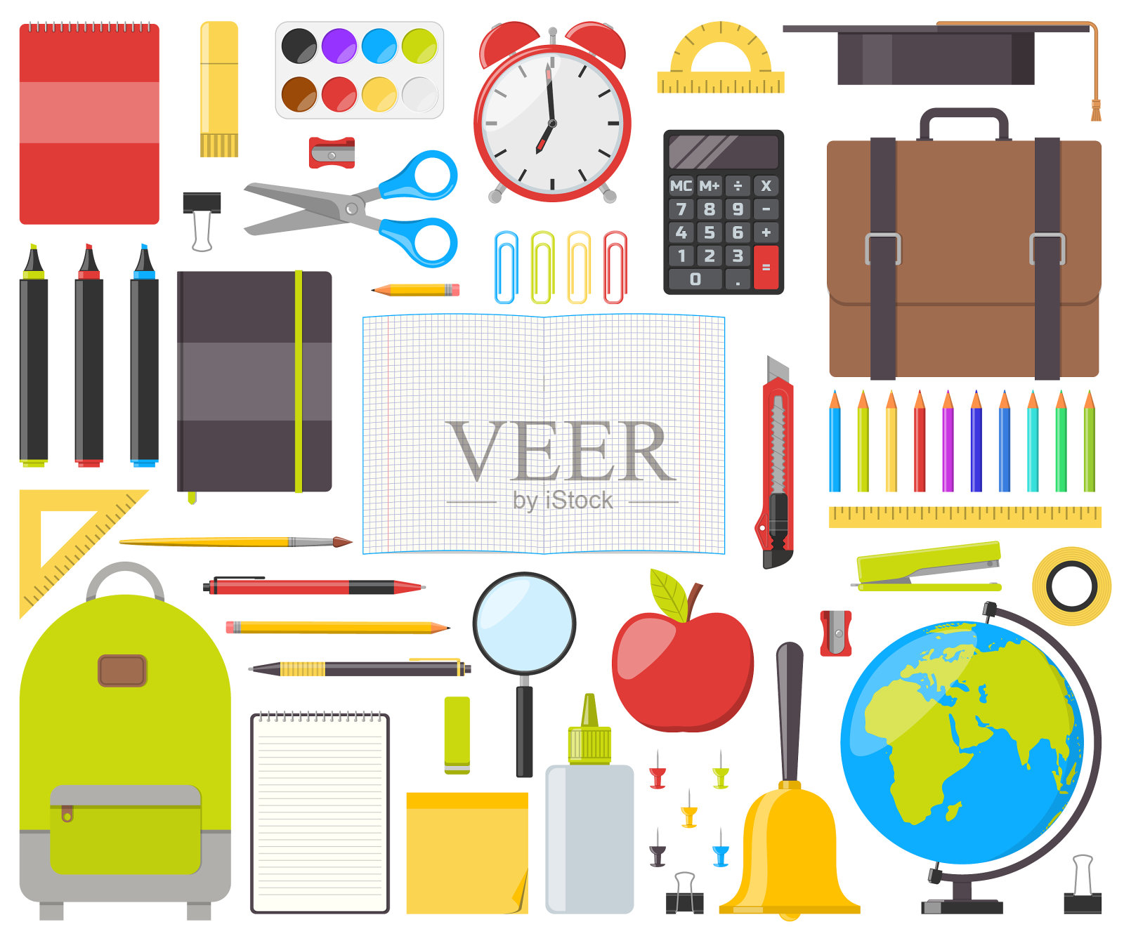 一套孤立的学习用品插画图片素材