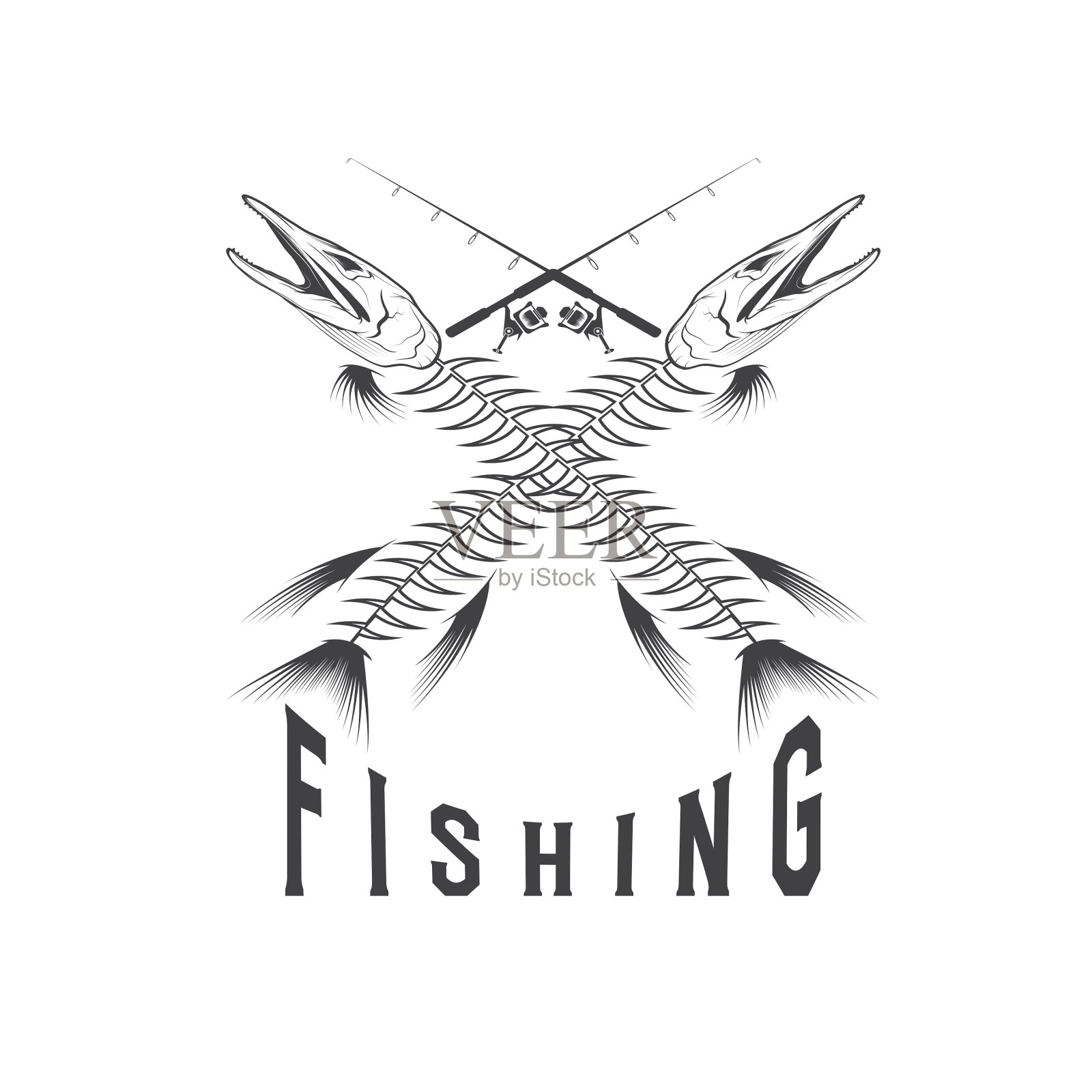 带有梭子鱼骨架的老式钓鱼标志设计元素图片